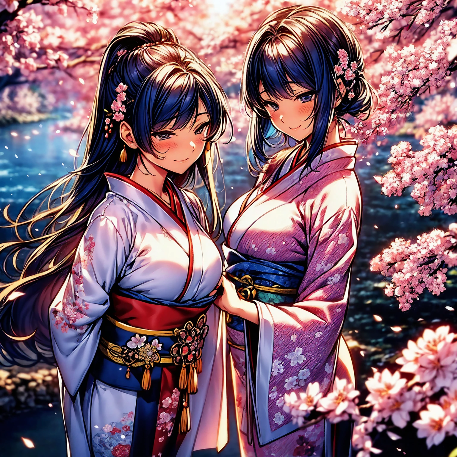 (top-quality、​masterpiece、very high res、Ultra high resolution/high image quality detail 1.5)、One woman with perfect and ultimate beauty(18 years old 1.5)、Realistic portraits、Beautiful breasts with a slender body shape(F Cup 1.5)、Beautiful body、美丽的面容、Beautiful hair、Realistic textured skin and、Wearing a beautiful Japanese kimono、Kimono comes with colors and patterns、Bright smile、Hair flutters under the influence of the wind、Japanese garden with beautiful cherry blossoms at night、Mysterious night sky、Beautiful Landscapes、(accurate detail、the detailed images、Accurate images、Perfect Image 1.5)、、beautiful anime woman, Beautiful Art Style, an animated character、The whole picture、Detailed picture、accurate ???????、Defect-free images、natural soft light、beautiful image、extremely detailed picture、(Best Shot 1.2)