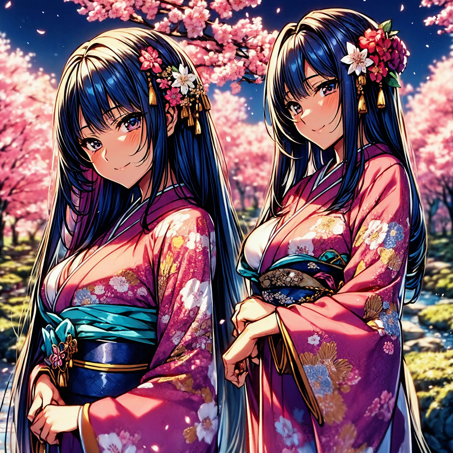 (top-quality、​masterpiece、very high res、Ultra high resolution/high image quality detail 1.5)、One woman with perfect and ultimate beauty(18 years old 1.5)、Realistic portraits、Beautiful breasts with a slender body shape(F Cup 1.5)、Beautiful body、美丽的面容、Beautiful hair、Realistic textured skin and、Wearing a beautiful Japanese kimono、Kimono comes with colors and patterns、Bright smile、Hair flutters under the influence of the wind、Japanese garden with beautiful cherry blossoms at night、Mysterious night sky、Beautiful Landscapes、(accurate detail、the detailed images、Accurate images、Perfect Image 1.5)、、beautiful anime woman, Beautiful Art Style, an animated character、The whole picture、Detailed picture、accurate anatomy、Defect-free images、natural soft light、beautiful image、extremely detailed picture、(Best Shot 1.2)