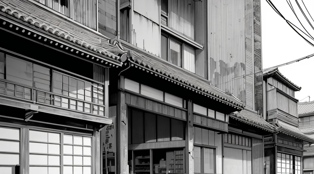 Make me Japanese store buildings drawn in manga style with cracks in black tones, white and gray like a manga