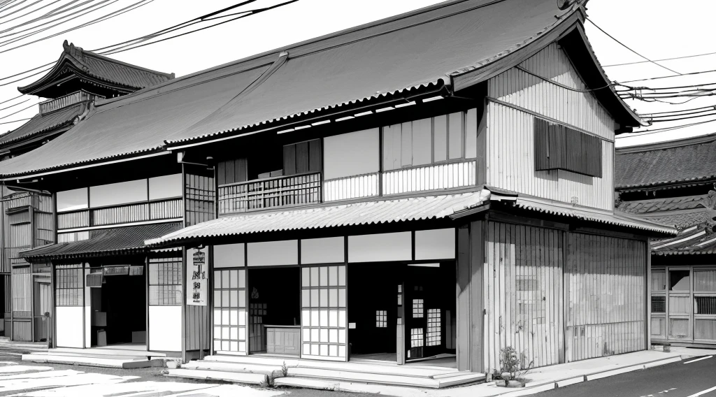 Make me Japanese store buildings drawn in manga style with cracks in black tones, white and gray like a manga