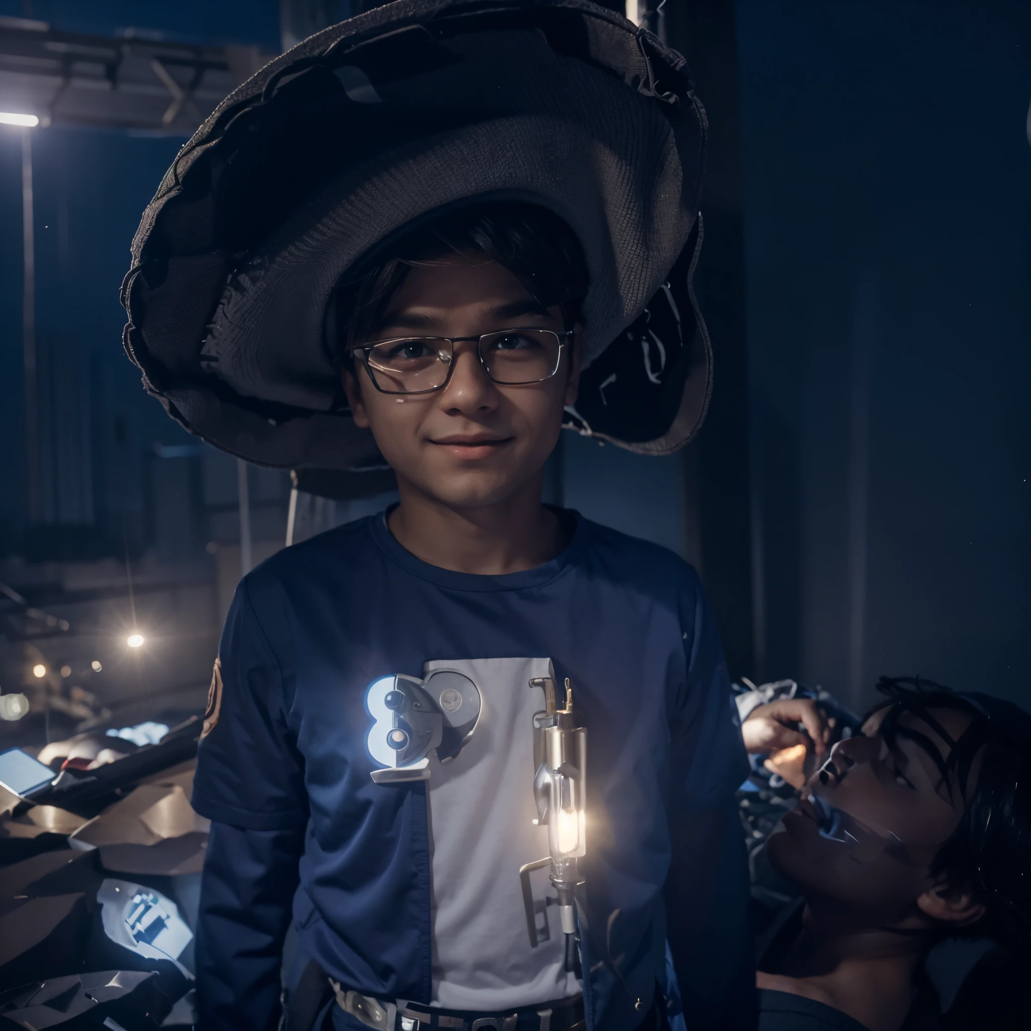 Make the boy wearing a nice suit and cool hat with night background and rocket