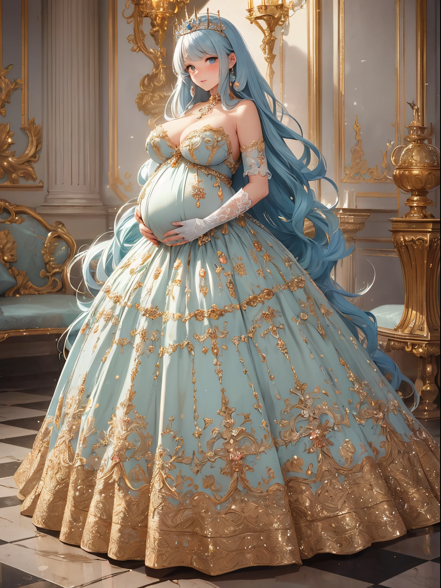 ultra-detailed, extremely detailed,((anime artstyle)),Masterpiece,(Best Quality),(Super Detail),(Very Delicate and Beautiful),((Solo)),((full body)),full body,((detailed face and eyes)),perfect eyes, rendered eyes,jewel-like beautiful eyes,((embarrassed,blush)),((1 pregnant princess in beautiful embroidery and jeweled gorgeous rococo ballgown with voluminous full length hoop skirt)),(((heavily pregnant))),((Crinoline,luxurious ruffles)),beautiful embroidery and jeweled gorgeous rococo ballgown with voluminous full length hoop skirt,(large amount of straight hair,extremely voluminous Very Long straight Hair,Absolutely Long Straight Hair),(((very gigantic boobs))),skindentation,Bursting breasts,cleavage,(fantasy castle,luxury palace),long_gloves,extremely gorgeousfull jeweled hair ornament,(bling-bling extremely gorgeousfull jeweled tiara),(luxurious jewelry),full body,beautiful embroidery and jeweled gorgeous rococo princess ballgown with voluminous full length hoop skirt