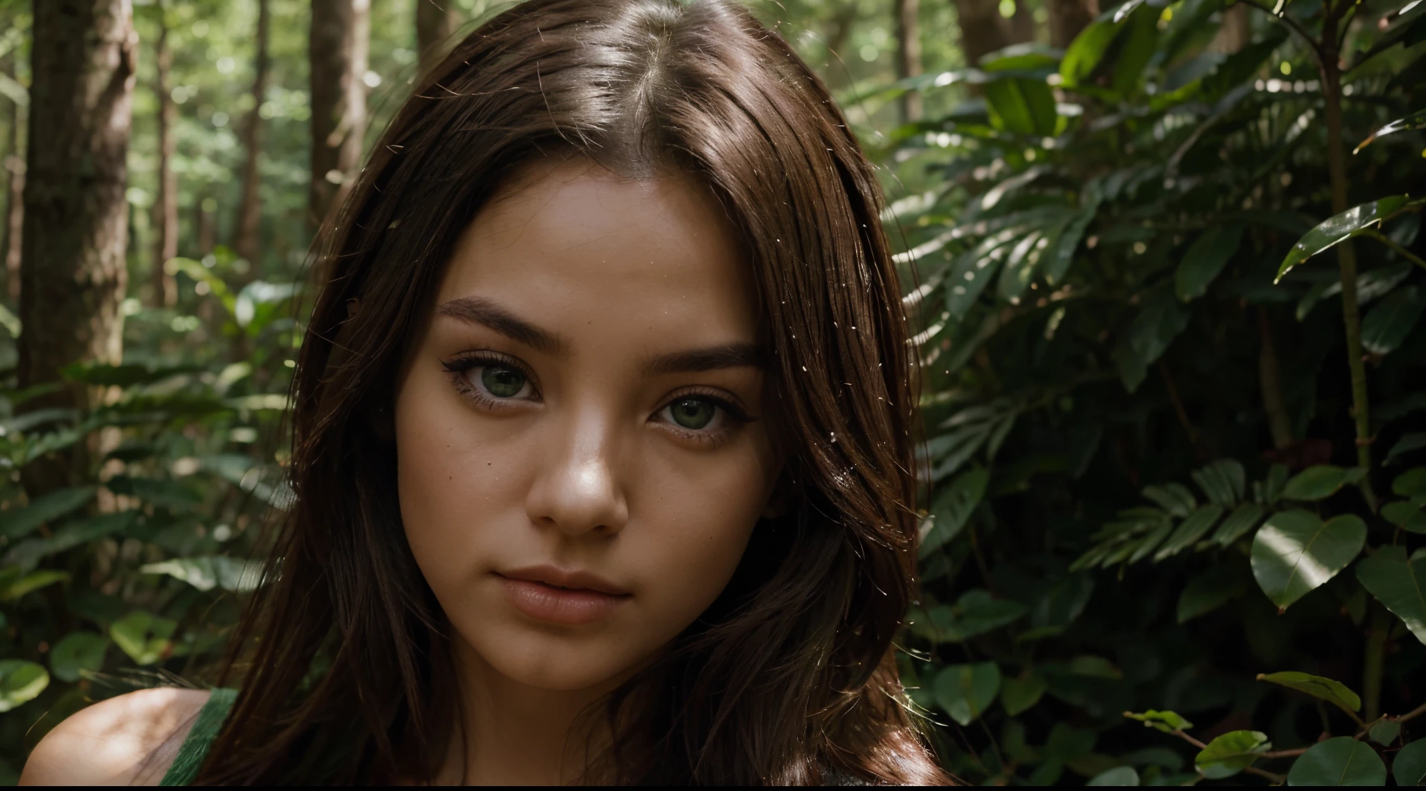 (((hd closeup photo))), one standing Jade Eden looking at camera, 20 years old, green eyes, in forest
