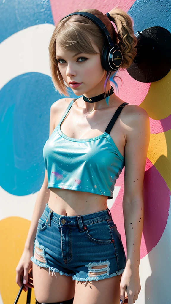 real，Masterpiece, of the highest quality, alone, 1 girl, shiny skin, hoop earrings, attractive, extravagant details, rainbow mesh hair， fascinating, bare shoulders, crop top, Long pants, shallow depth of field, contrasting, Professional models, looking ahead, portrait，SMILE