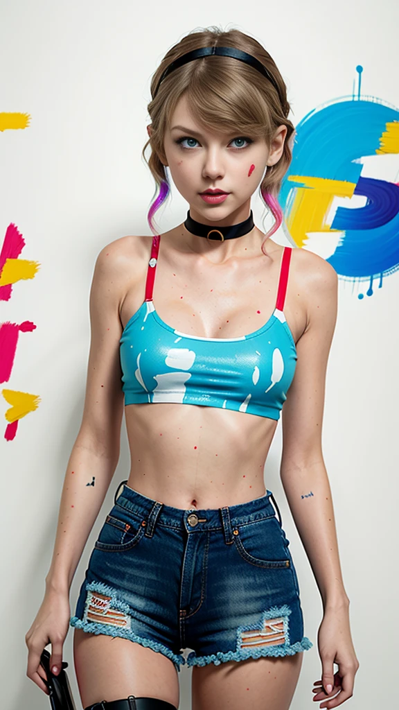 Taylor Swift、masterpiece, top-quality, 1girl in, 独奏, croptop, Denim shorts, a choker, (doodle:1.5), Paint Splatter, arms behind back, Hitting a wall, Look at viewers, Armbands, Thigh strap, Paint on the body, tilt of the head, tedium, O cabelo multicolorido, Aqua Eye, headset on head,