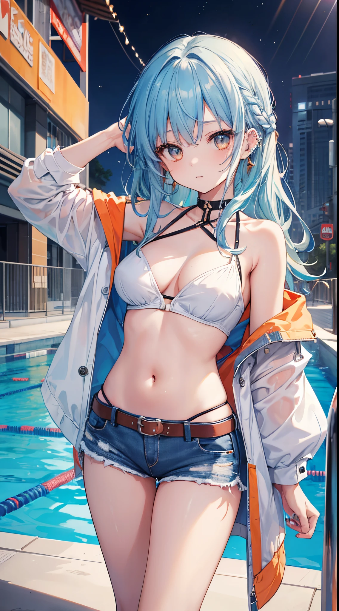 (8K、Top image quality、top-quality、masterpiece)、1 girl in、blue hairs、Long Wave Hair、Orange eyes、piercings、Moderately breasts、White tube top、denim short shorts、(((open front)))、cowboy shot、background a pool