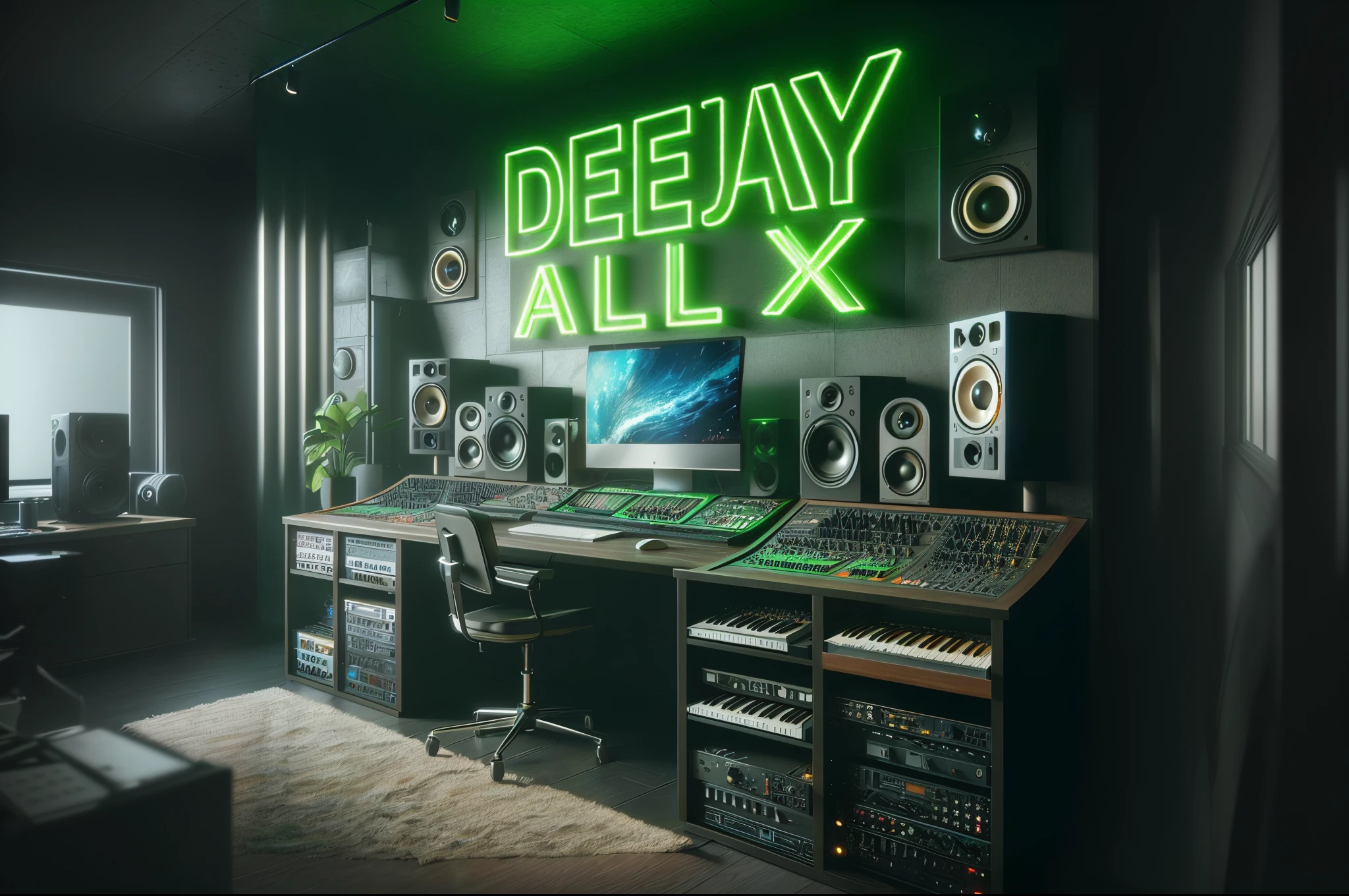 Es gibt einen Schreibtisch mit Tastatur, Monitor, Lautsprecher und eine Tastatur, Kunst-Promo, Albumcover, Offizielles Artwork, 8K-Vray-Rendering, Vray 8K-Rendering, Albumcover-Cover, Raytracing x, sehr detaillierte visuelle Effekte, vray 8k, Filmisches Piepsen, Daily rendering, Profilbild 1024px, Mischen, Werbematerial