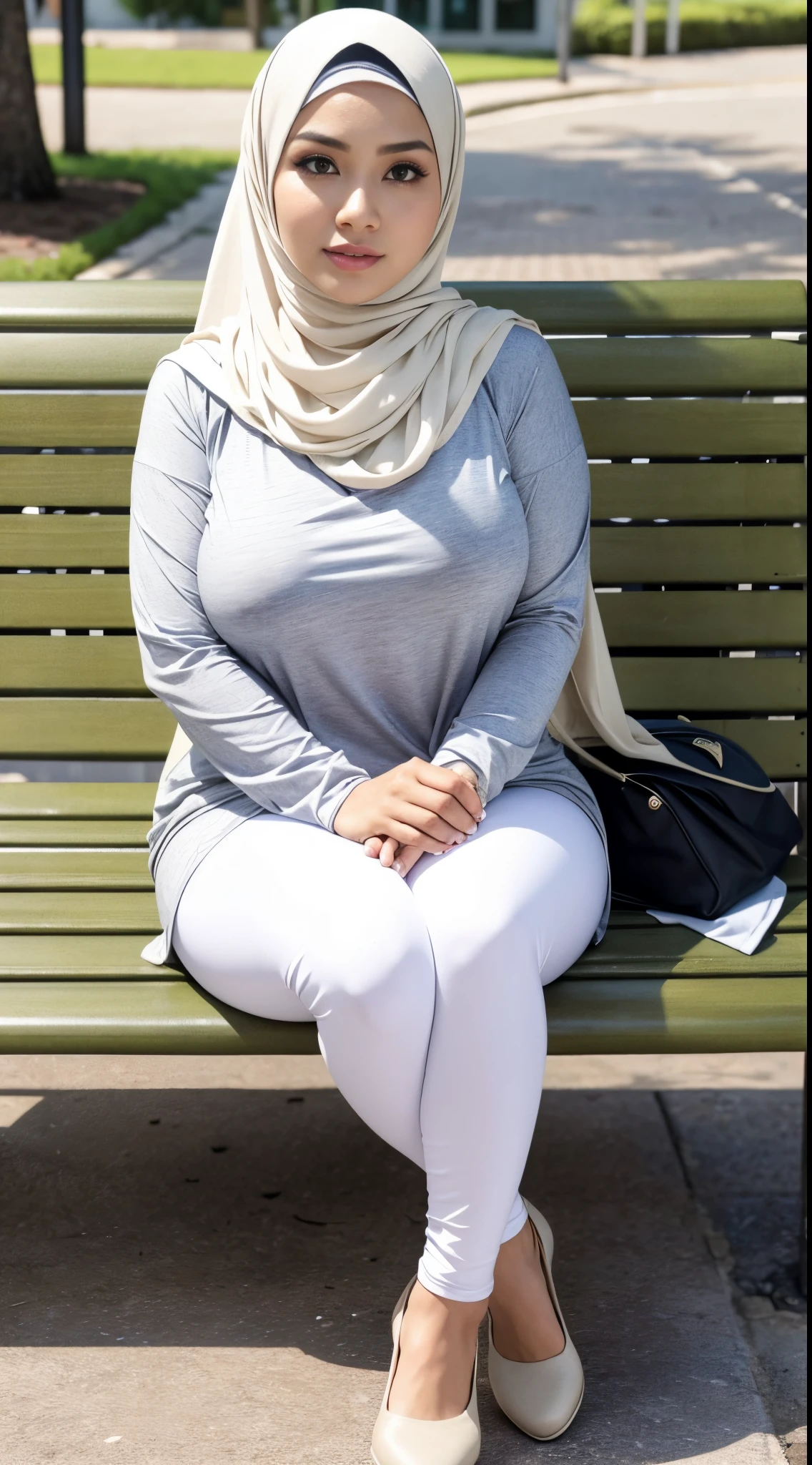 RAW, Best quality, high resolution, masterpiece: 1.3), beautiful Malay woman in hijab (iu:0.8),((big breasts)), perfect nose, perfect lips, perfect eyes, detail :1.2), big breasts, full body, beautiful face, perfect body, thick thighs, sitting on a bench with a black shawl, sitting on the ground, casual clothing style, wearing casual clothing, casual pose, wearing casual clothing, white hijab, modern casual clothing, sitting on a bench, hijab, modern casual clothing, leggings ,sitting relaxed, beautiful Malay woman, simple style, wearing elegant casual clothes, sitting on a bench, sitting on a bench