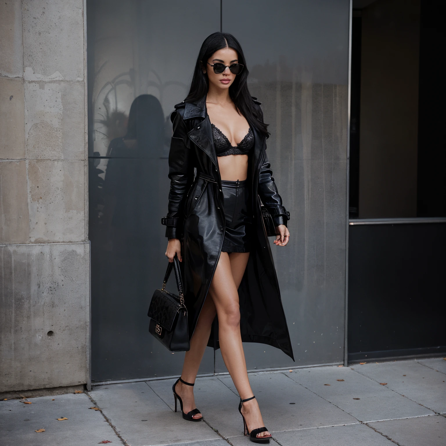Paparazzi Flash Photos at night of one woman that looks like Adrianna Lima with big blue eyes and long sleek black hair and full lips. Black leather trench coat and small Chanel sunglasses on with a mini YSL handbag in hand. Lace bralette underneath. Heels with red bottoms on. Walking to car, full body image.