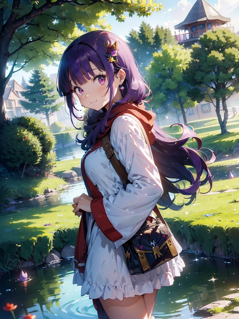((((Princess of Moonberg)))), ((1little girl)), 13years, ((drooing eyes)),(((deep purple hair))), ((Blunt bangs)), (Fluffy long hair), (ducktail), (Deep red eyes), Pearl earrings,
((((red hood)))), (Lotto emblem on the hood), (((Red Stall))), ((White robe with red edging)),
Holding a magic wand in her left hand, fireball, looking back, smile,By the pond,
masutepiece, Best Quality, (the Extremely Detailed CG Unity 8K Wallpapers), (Best Quality), (Best Illustrations), (Best Shadows), (((Particle effect))), Isometric 3D, Octane Rendering, Ray tracing, super detailed,