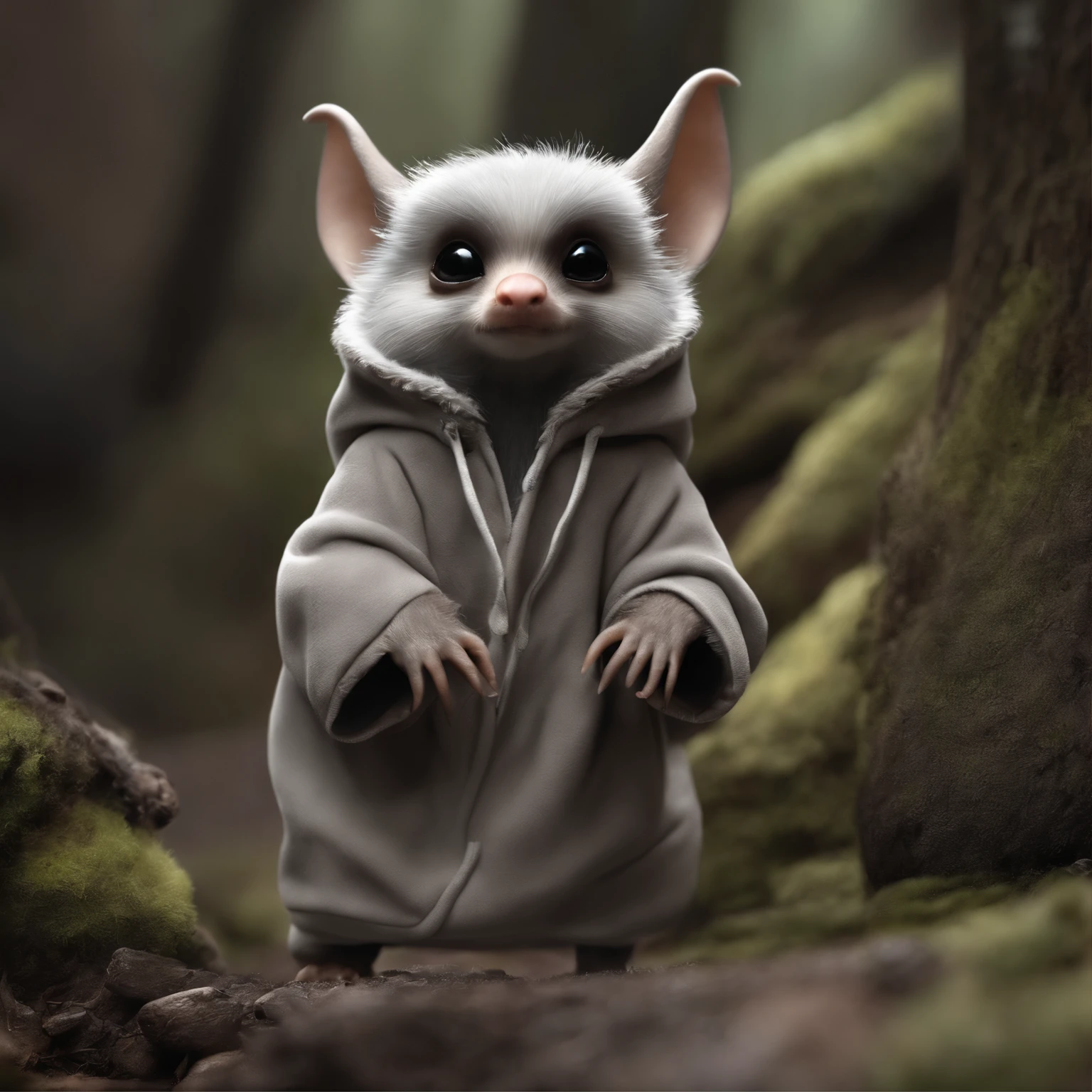 In the cave，Gremlin looks like a fat mole, clothing jacket with hood, In the foreground,  large ears, elongated nose,,,light silver fur, long tail, the mole is dressed in the style of assassins, Forest in the background, the mole is walking along the road, mole raises front paw static movement,