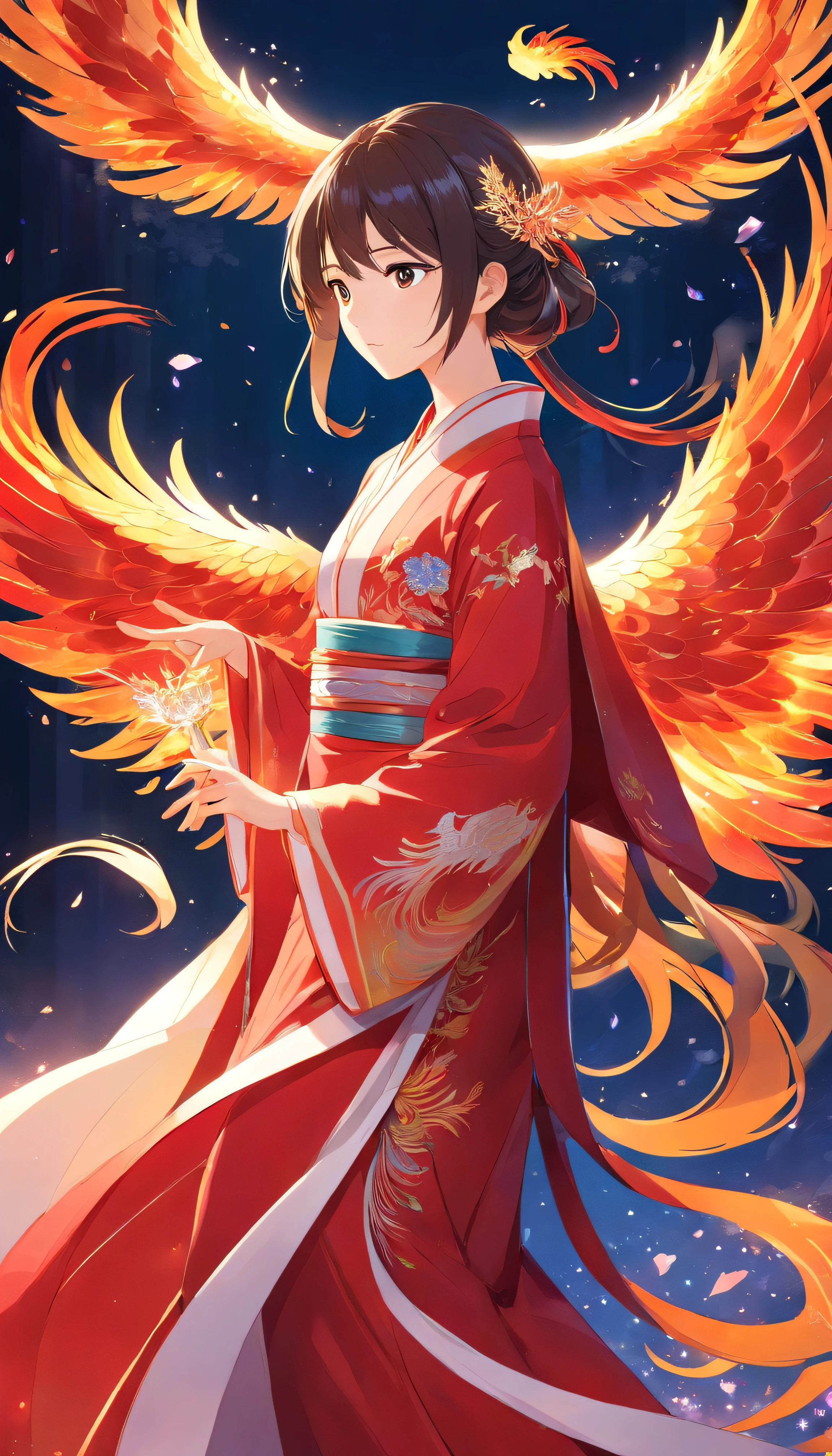 Stunning Chinese Hanfu Wedding Cloak，Crystal translucent phoenix embroidery. The phoenix shines like a diamond. Phoenix is resurrected，Dragging a 2-meter skirt. It used to be beautiful, noble, Red, magia, Octagonal rendering, Surreal, Pastel background