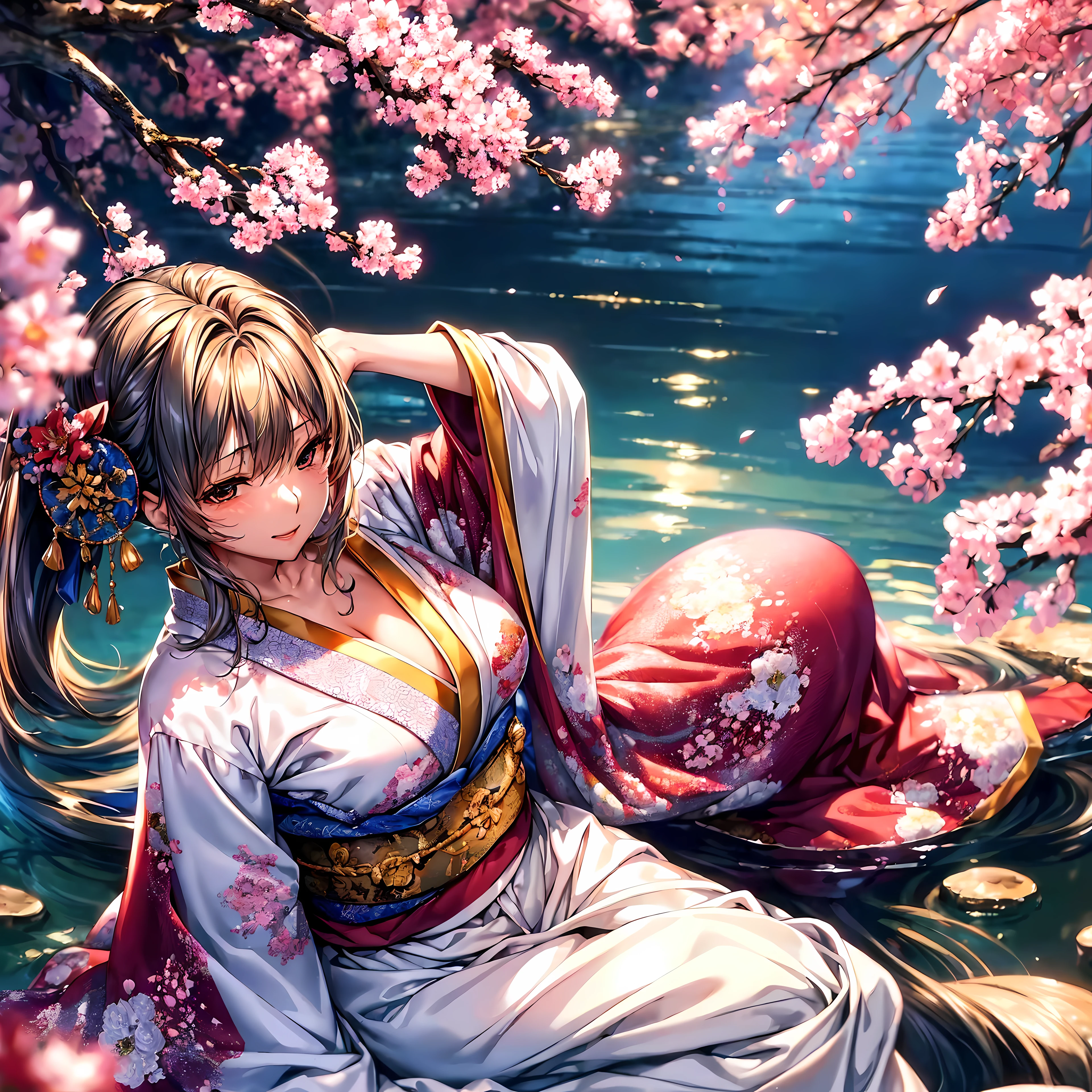 (top-quality、masterpiece、very high res、Ultra High Resolution/High resolution detail 1.5)、A woman of perfect and ultimate beauty(18 years old 1.5)、Realistic portraits、Beautiful breasts with a slender body shape(F Cup 1.5)、Beautiful body、美丽的面容、Beautiful hair、Realistic textured skin and、Wearing a beautiful Japanese kimono、Kimono has colors and patterns.、Bright smile、Hair flutters under the influence of the wind、Japanese garden with beautiful cherry blossoms at night、Mysterious night sky、Beautiful Landscapes、(accurate detail、the detailed images、Accurate images、Perfect Image 1.5)、、beautiful anime woman, Beautiful Art Style, an animated character、The whole picture、Detailed picture、accurate anatomy、Defect-free images、natural soft light、beautiful image、extremely detailed picture、(Best Shot 1.2)