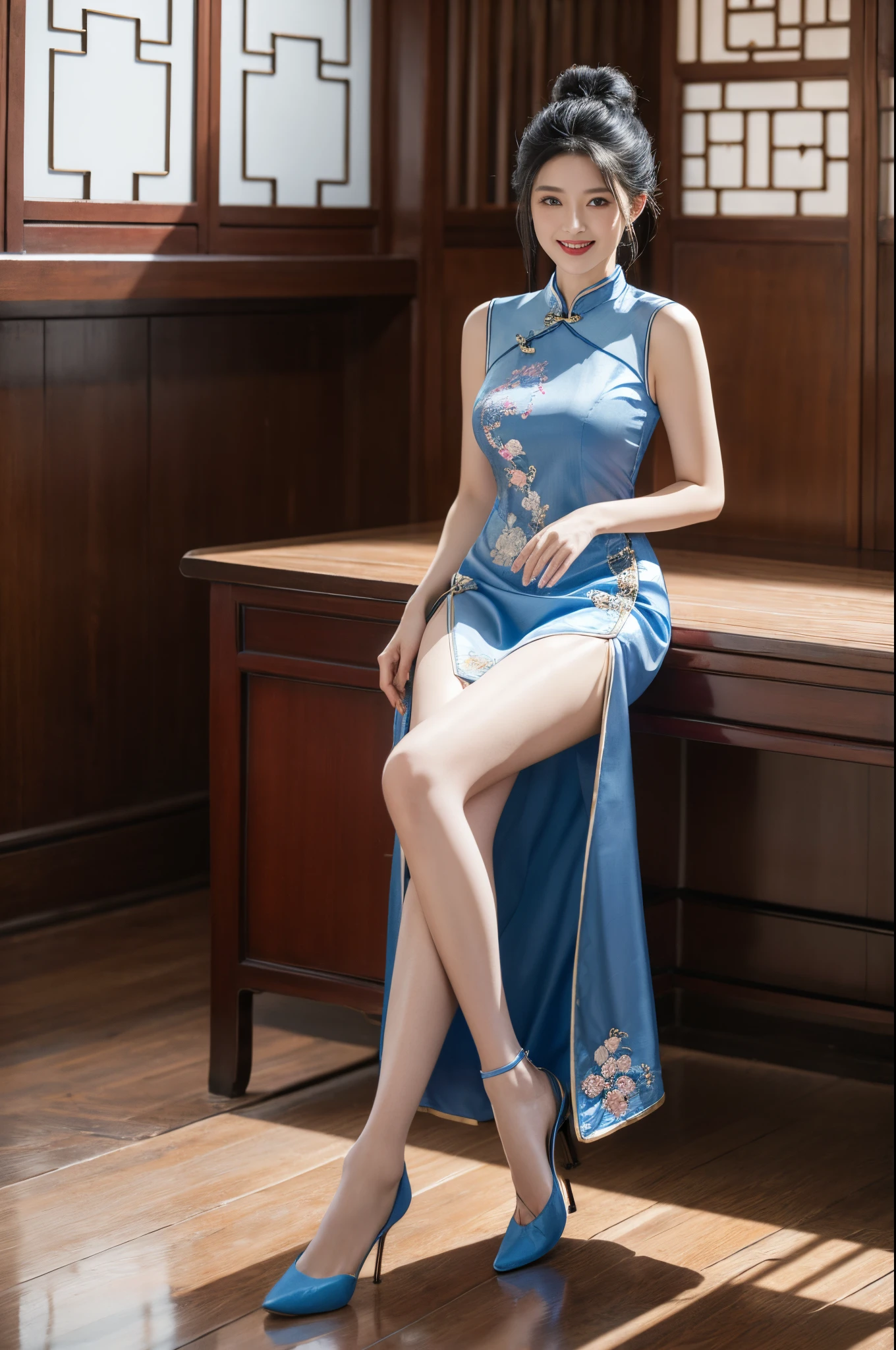 Masterpiece, Superb Product, 1 Woman, Blue Clothes, Blue Cheongsam, Full Body Photo, Antique Chinese, White Cloth Bun Bun, Black Hair, Leaky Shoulders, Large Chest, Long Legs, Smile, Black Pantyhose, Pale Pink Lips, Embroidered Clothes, High Heels