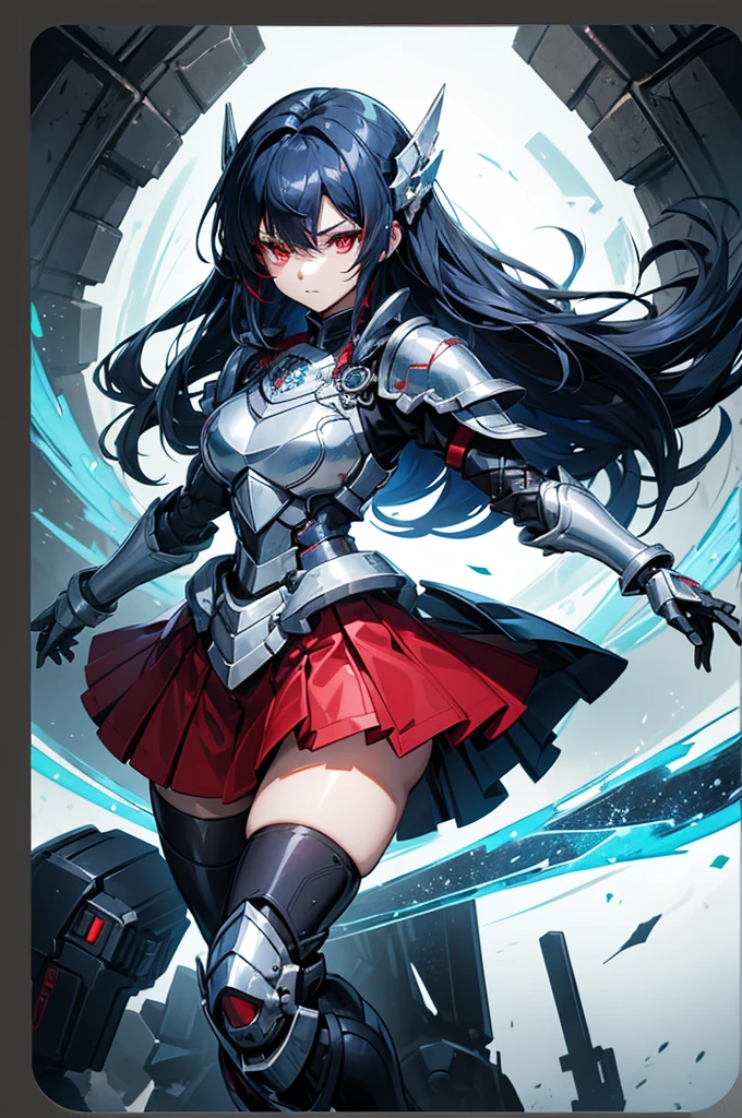 Women ((1 person)) Age 20, dark blue hair, dark hair, red eyes, silver upper body armor. Blue armor, red skirt. (Armor based on cards) Diamond Cards