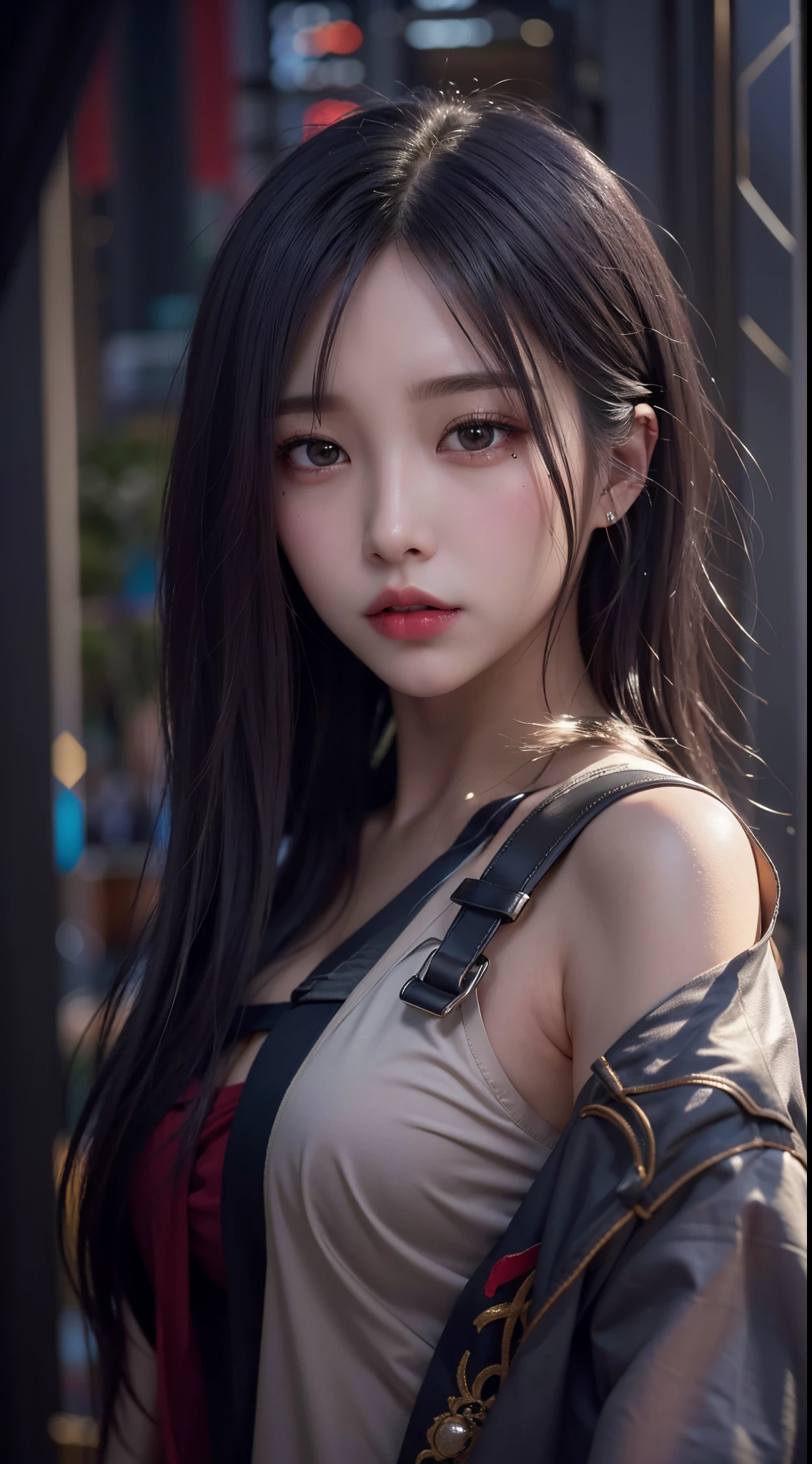 Strong muscular woman、Angry in the street、a backpack、Magnificent and realistic、a photo、Faded、Complicated stuff、complex backgrounds、soaked、neutral colors、((((hdr))))、((((Mute Color))))、complex scene、art stations、Complicated details、vignettes