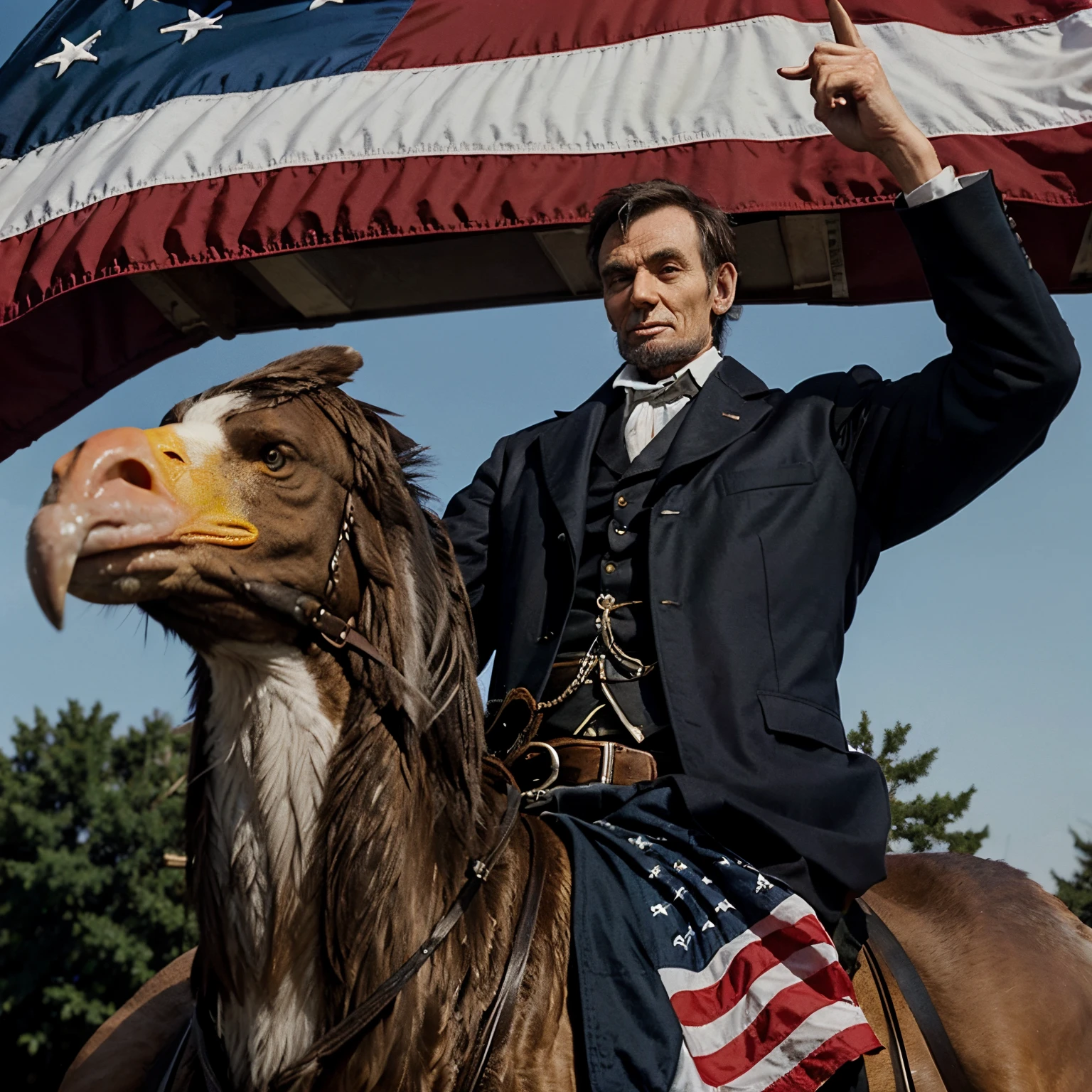 Abraham Lincoln Riding a bald eagle that spits fire with american flags in the background.
