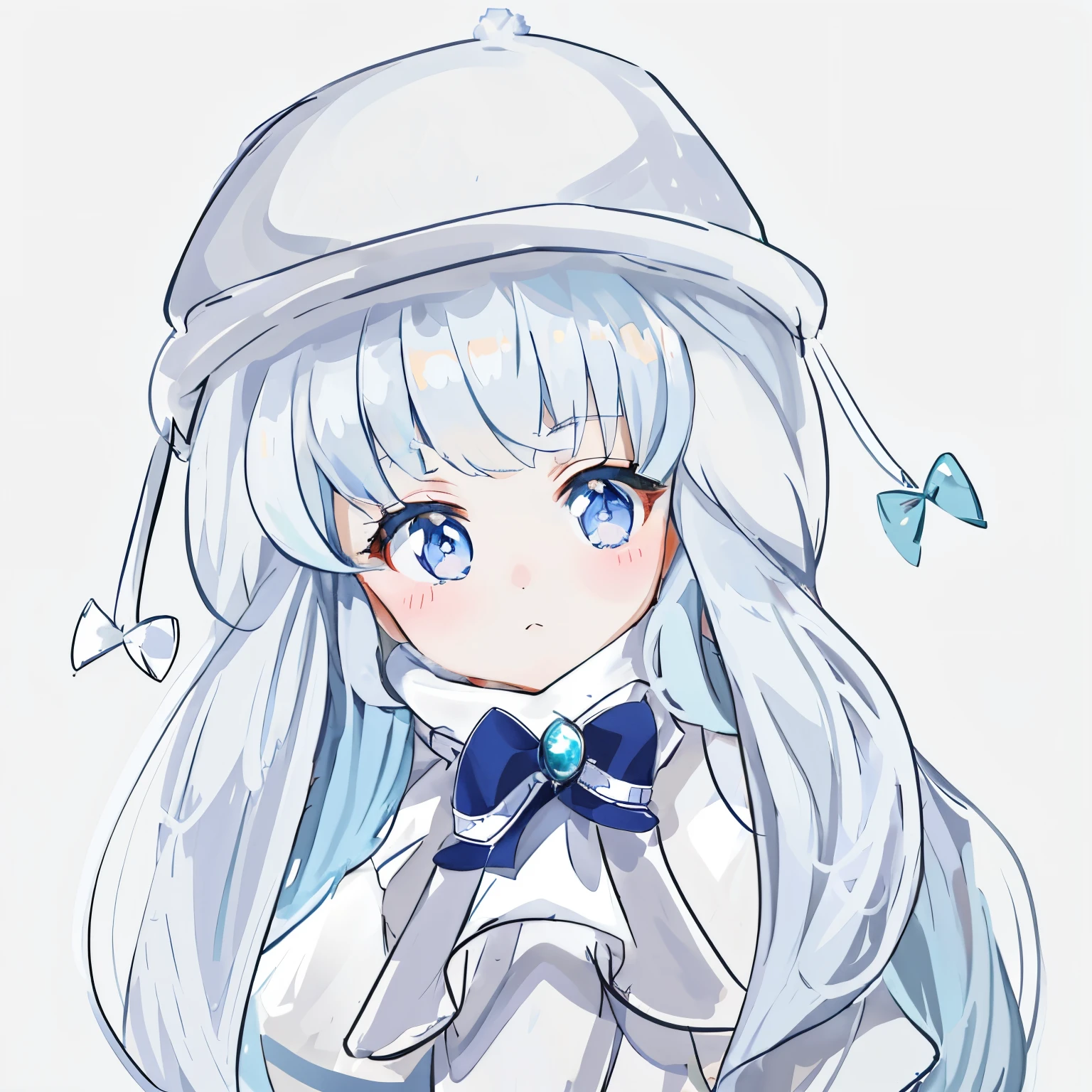 a very cute　girl with　Lori　The long-haired　white  hair　blue eyess　Winter clothes　Pretty clothes　Straight face　Anime-style design　White knitted hat　Flat