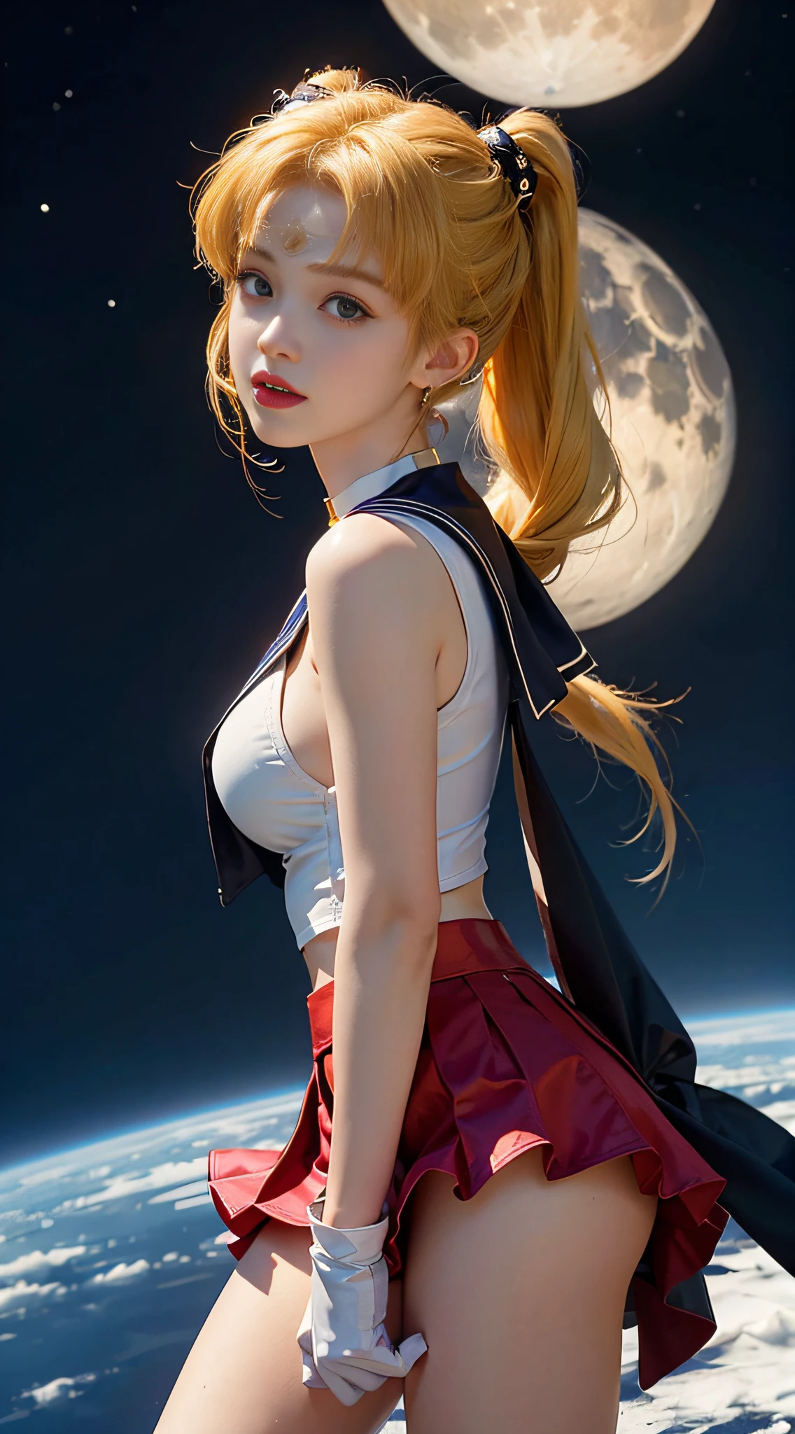 ((​masterpiece:1.4)、(top-quality:1.4)、(reallistic:1.7))、masuter piece:1.4、a beauty girl、(Sailor Moon:1.4)、Tsukino Usagi、Body Fit Sexy Sailor Senshi Uniform、(latex shiny)、(The jacket is a white sleeveless sailor suit)、(Skirt Blue Sexy Ultra Ultra Pleated Mini Skirt)、The collar of the sailor suit is blue with two thin lines.、high leg swimsuit、Red cloth ornament at chest、(Wearing white gloves)、Kawaii Girl、Super beauty、foco nítido、Portrait photos、(Perfect female body:1.4)、perfectly proportions、Upper body photography:1.4、美丽的面容、beautidful eyes、Narrow waist、beauty legs、(yellow  hair:1.4)、(length hair:1.2)、Beautiful udder、large full breasts:1.2、Sexy ass、Raw photo、red-lips、Red high heels:1.4、a choker:1.4、a necklace:1.4、耳环:1.4、Luxurious Golden Tiara:1.4、1 screen display、a moon、kosmos、spaceships、A space station、City of the Future