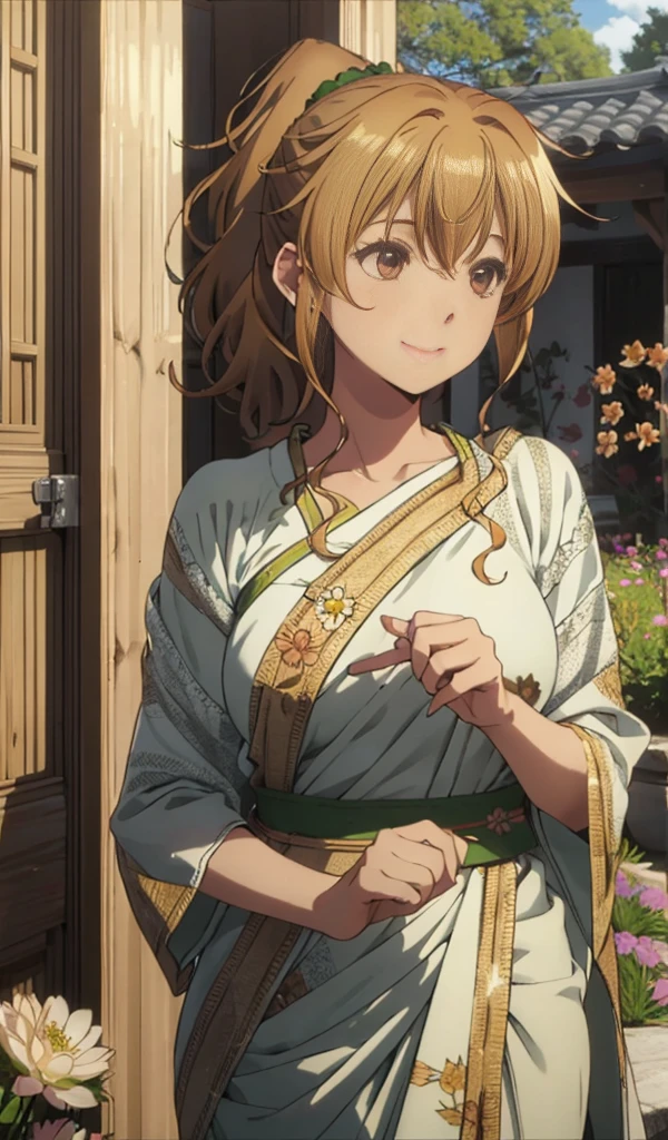 nanako_kogure, blonde hair, red eyes, ponytail, hair ornament, large breasts,a girl,wearing an elegant 100% transparent saree,curly long hair,deep black eyes,shiny red lips,brown skin,lotus flower in her hair,bindi on forehead,palms decorated with henna,in a blooming garden,bright colorful flowers,green grass,blue sky,sunshine falling on her,peaceful and serene expression,subtle smile on her face,fingers delicately touching flower petals,body language full of grace and elegance, scenic beauty,painting as medium,detailed and vivid,high-resolution image,photorealistic rendering,vibrant colors,soft and warm lighting, her boobs exposed, pussy, and clitoric can be seen