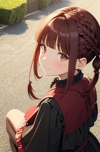 dark red hair, full body Esbian, fluffy hair, Layered Bob, Braided shorthair, ((Braiding bangs)), asymmetrical length pigtails, ((Single-sided pigtail)), a short bob, ((early modern clothing)), sit on sofa, Slightly red tide, shyly smile, ((Perspective from above))