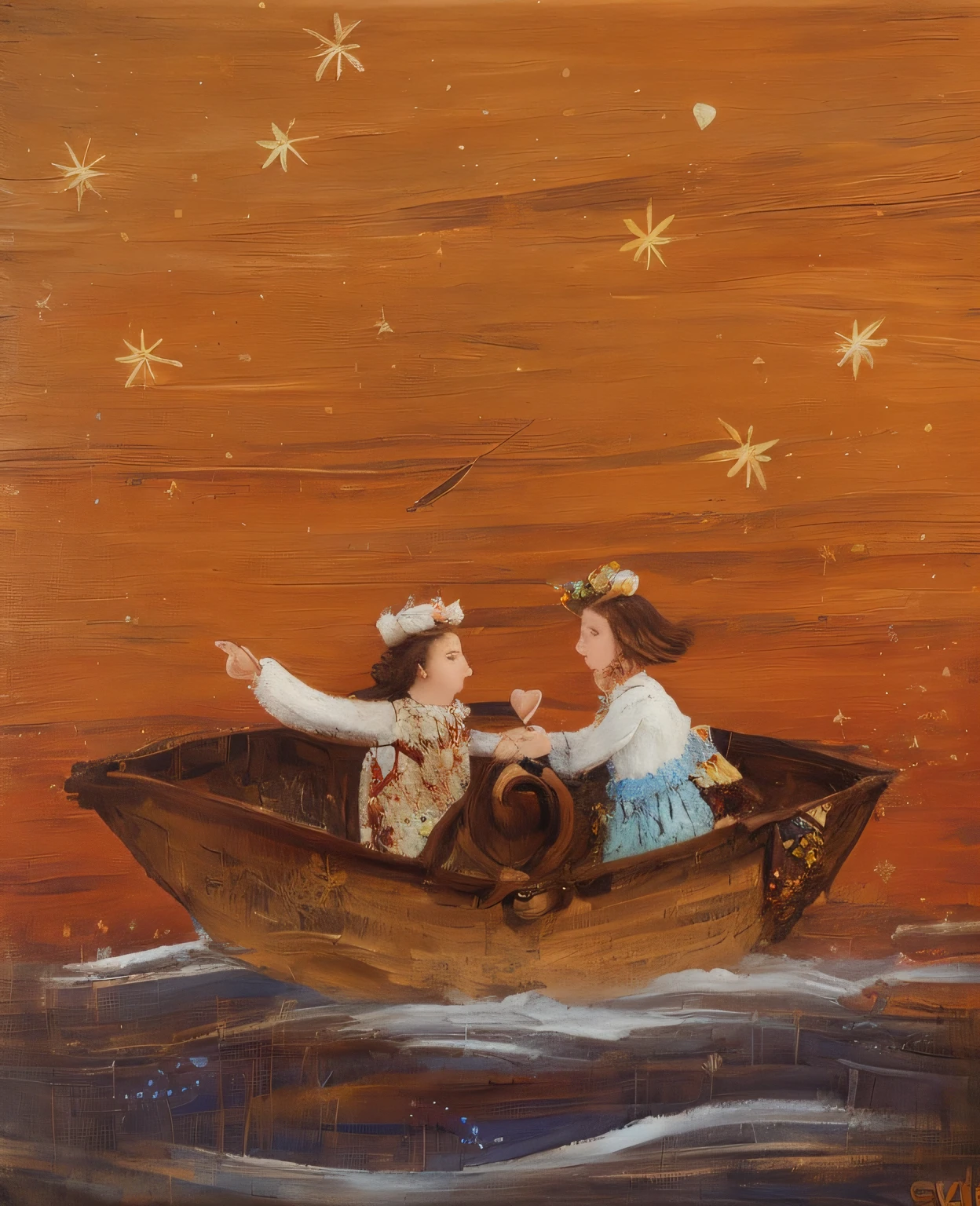 painting of two people in a boat with a sky background, Arte caprichosa, Directed by: Zofia Stryjeńska, romantic painting, Directed by: Nadya Rusheva, pintura de conto de fadas, Directed by: Maximiliano Vanka, flutuando entre estrelas, Directed by: Olga Rozanova, night under the starry sky, Directed by: Zsuzsa Máthé, por Paul Resika