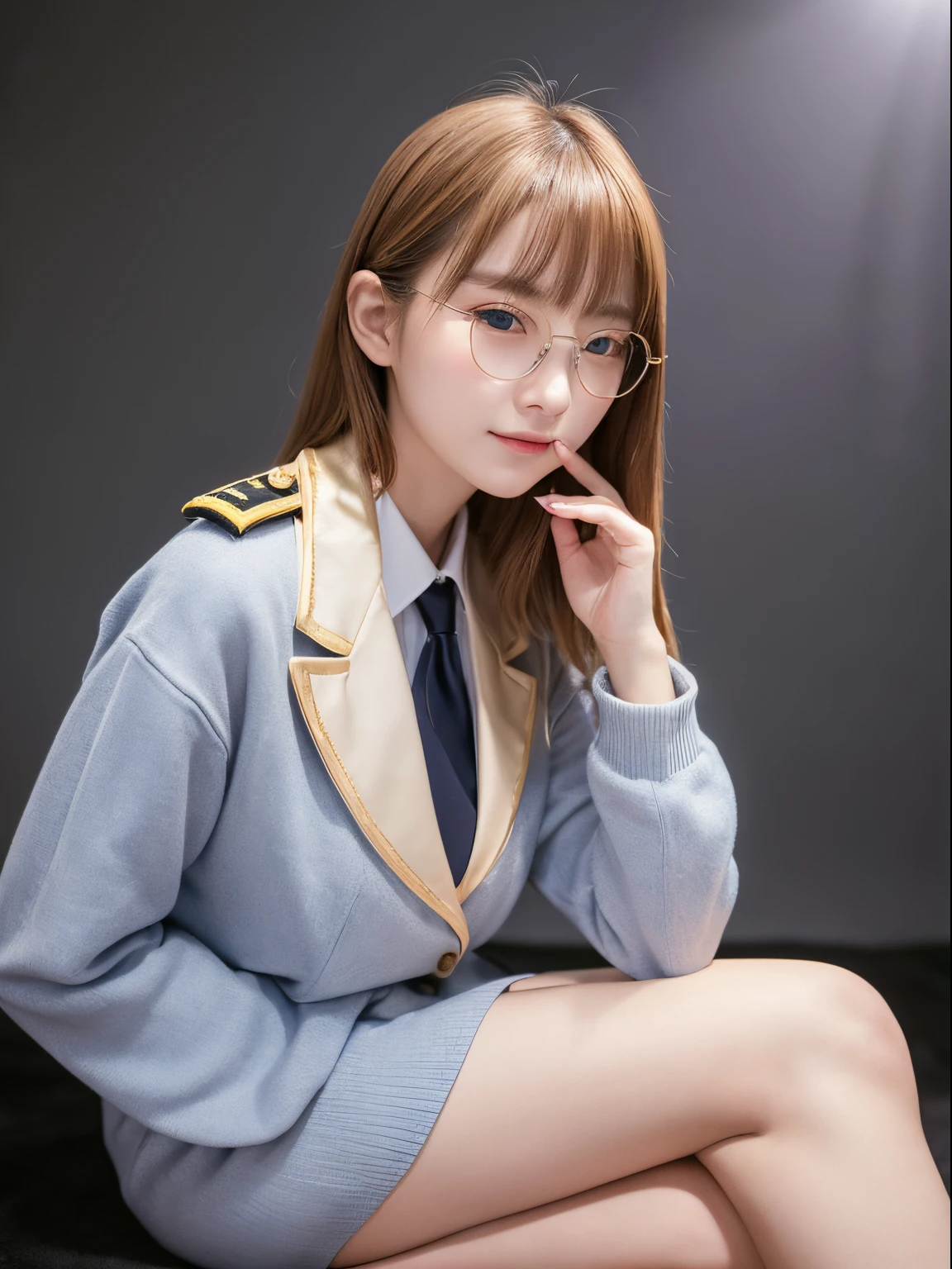 (Best Quality, Ultra-detailed, Golden ratio, masutepiece:1.2), theatrical lighting:0.7, Photo of 18-year-old Riga Hyun Korean woman in uniform,Female Lesbian, face perfect, (highlydetailed skin), Randomly colored hair, Hide your mouth with your hands、Ridicule, Skin Texture, pale skin, Shiny skin, (slim, Large:1.2), [:(sharp focus on face, Perfect eyes:1.2):0.2], Photorealistic, Film grain, Put one foot forward、from below looking up、Looking at the camera、Focus on the face、Stockings、eye glasses、Raise the corners of your mouth and smile、disdainful expression、Hold one leg、sitting on