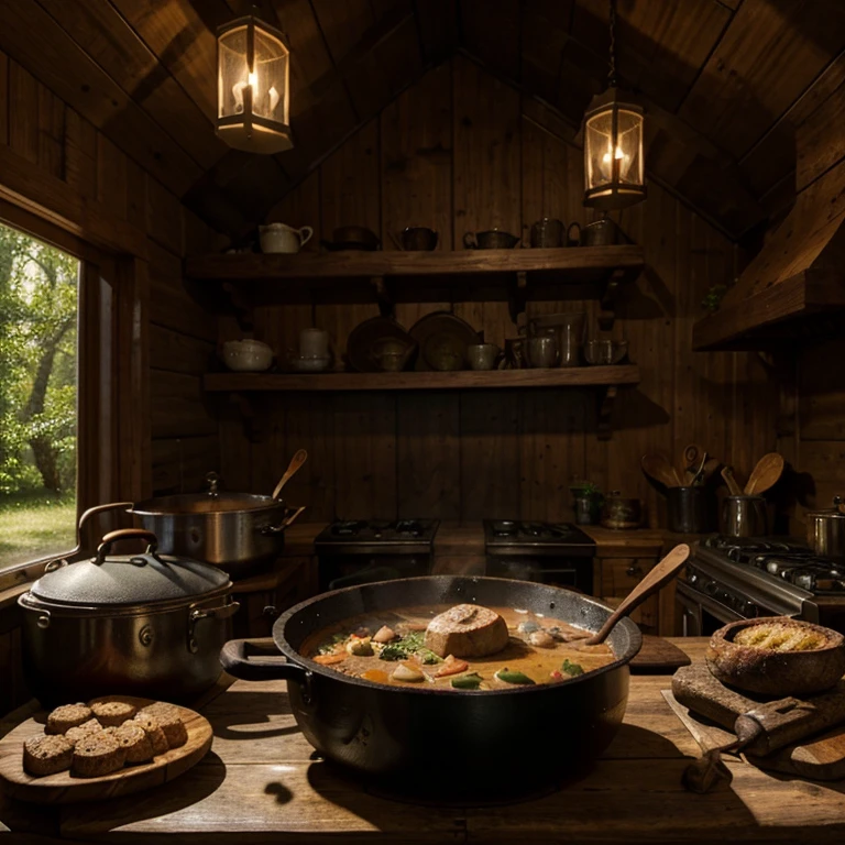 Black cauldron with wooden spoon, cooking stew, cookbook cover, welcoming cottage kitchen in the woods woth a lot of food