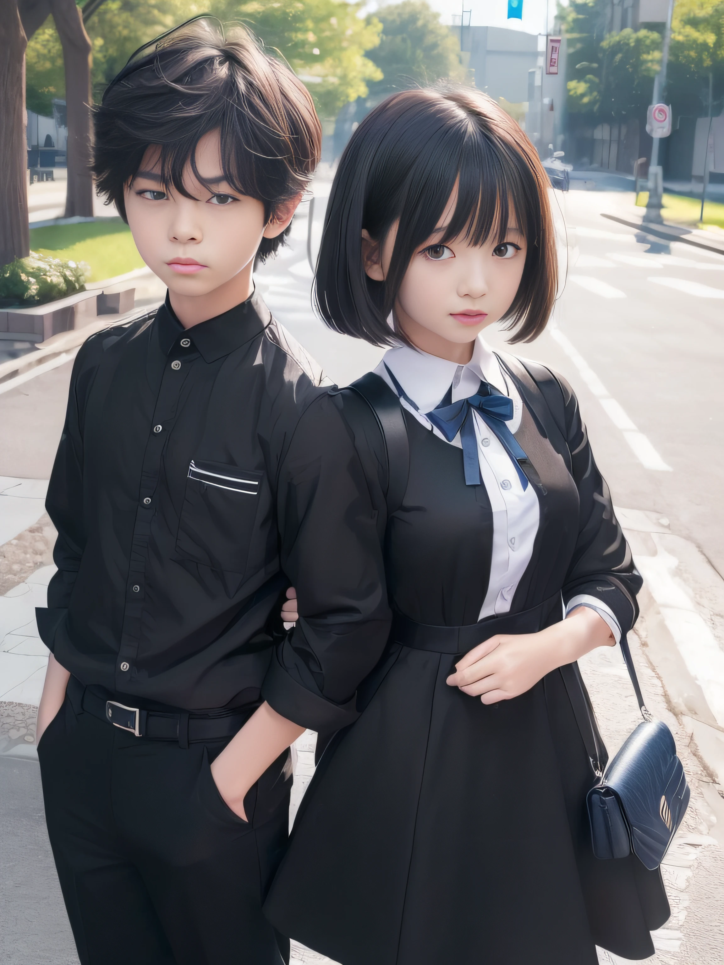 (((RAW image quality:1.4)))、8K分辨率、Ultra-high-definition CG images、(1 girl: 1.5), (1 boy: 1.5), (Two people: 1.5), // anime boy in black uniform, // anime girl in white uniform, blue eyes handbag, beautiful anime high school girl, Black hair, Street, (Maple: 1.1), campus