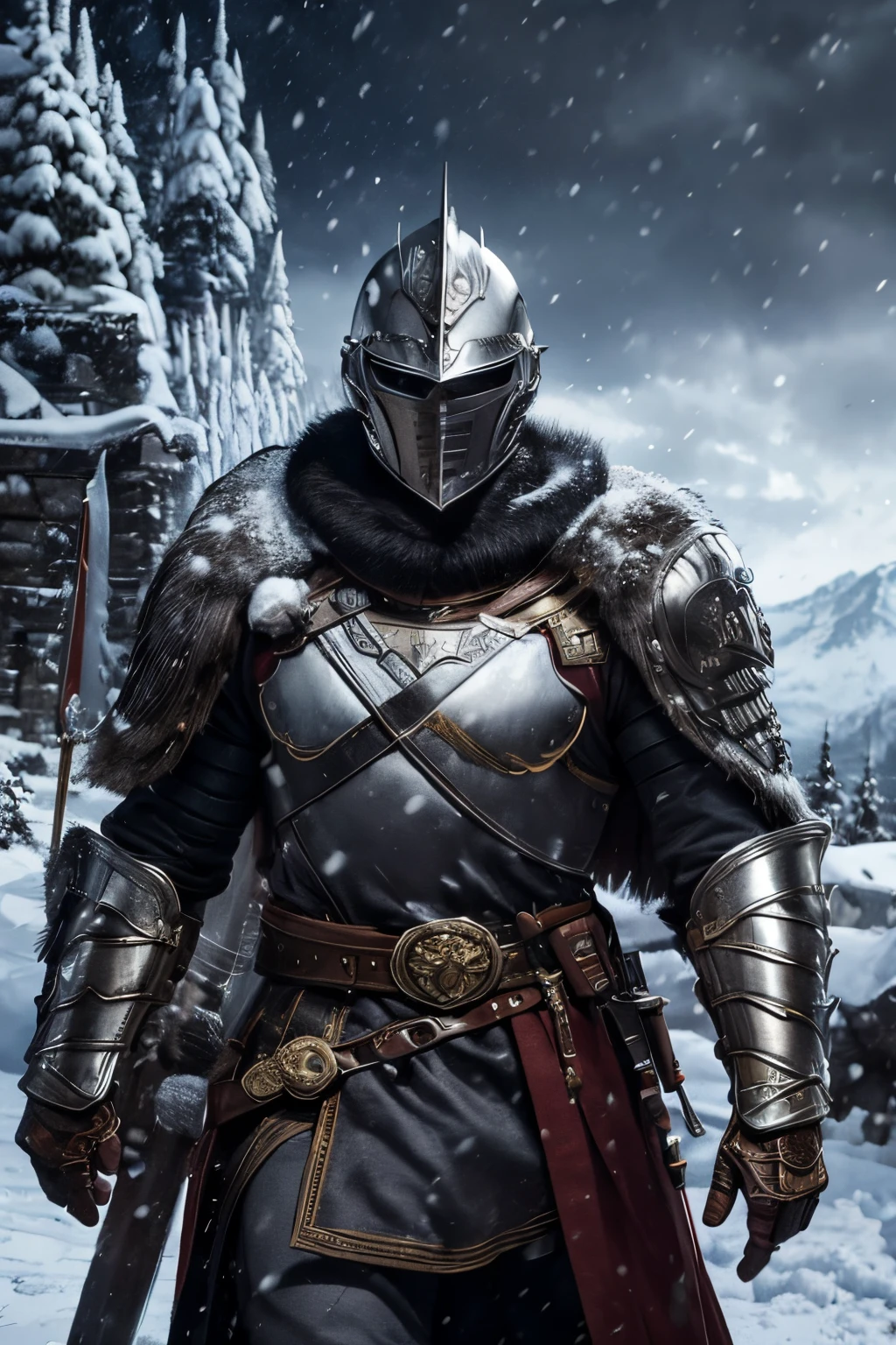 ultra realistic 8k cg, Masterpiece, professional artwork, famous artwork, male warrior, 40 years old, full armor, fur cloak, wilf helmet, very detailed, marked face, scarface, dark fantasy, very detailed, storm, snow, snowstorm in the background, snowy mountain, blizzard, snowy castle