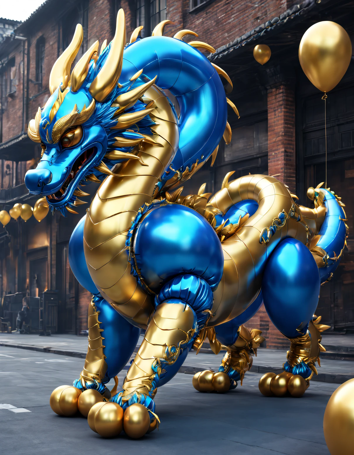 （balloon art design），（Balloon animal design），（Chinese dragon made of blue and gold balloons），cyber punk personage，Complex and gorgeous CG style, hyper detailed 3d render,, c4d, Rendered by Octane, Blander, 8K, k hd， com mascot，