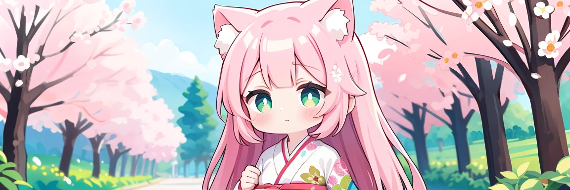 1 busty girl, Alone, Eternal, the watercolor style, cherry tree, Cat ears, Long, flowing hair, with a calm expression, Floral hairpins, Soft pink hair, Green-eyed, Pink floral pattern traditional kimono, Flowers falling everywhere, Peaceful atmosphere.