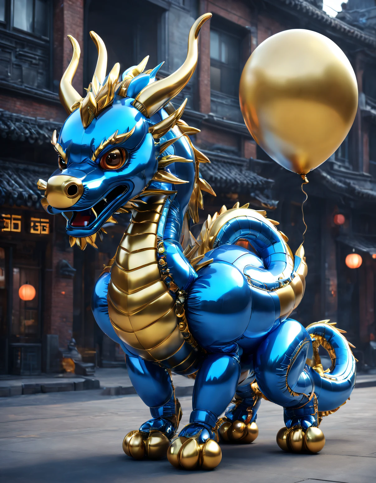 （balloon art design），（Balloon animal design），（Chinese dragon made of blue and gold balloons），cyber punk personage，Complex and gorgeous CG style, hyper detailed 3d render,, c4d, Rendered by Octane, Blander, 8K, k hd， com mascot，