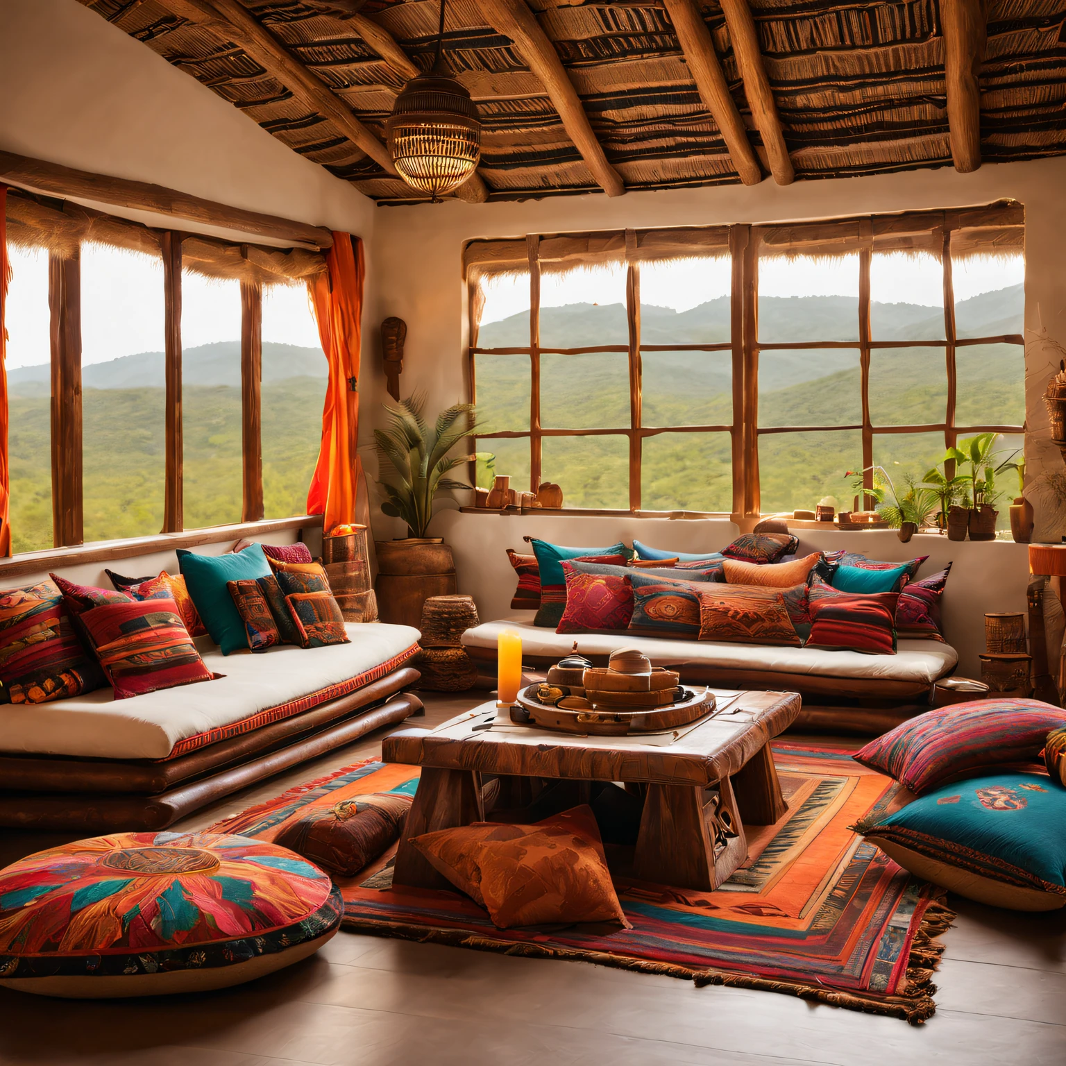 Spacious tribal style lounge, tribal ornaments, Comfortable seating area, Vibrant color scheme, Intricate patterns, natural materials, ethnic textiles, wood furnishings, gentle ambient lighting, tribal artifacts, comfortable cushions, Large windows overlooking nature, tribal music performance, inviting atmosphere