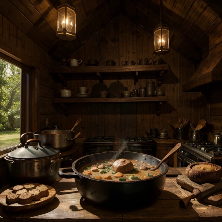 Black cauldron with wooden spoon, cooking stew, cookbook cover, witch cottage a lot of black and dark green