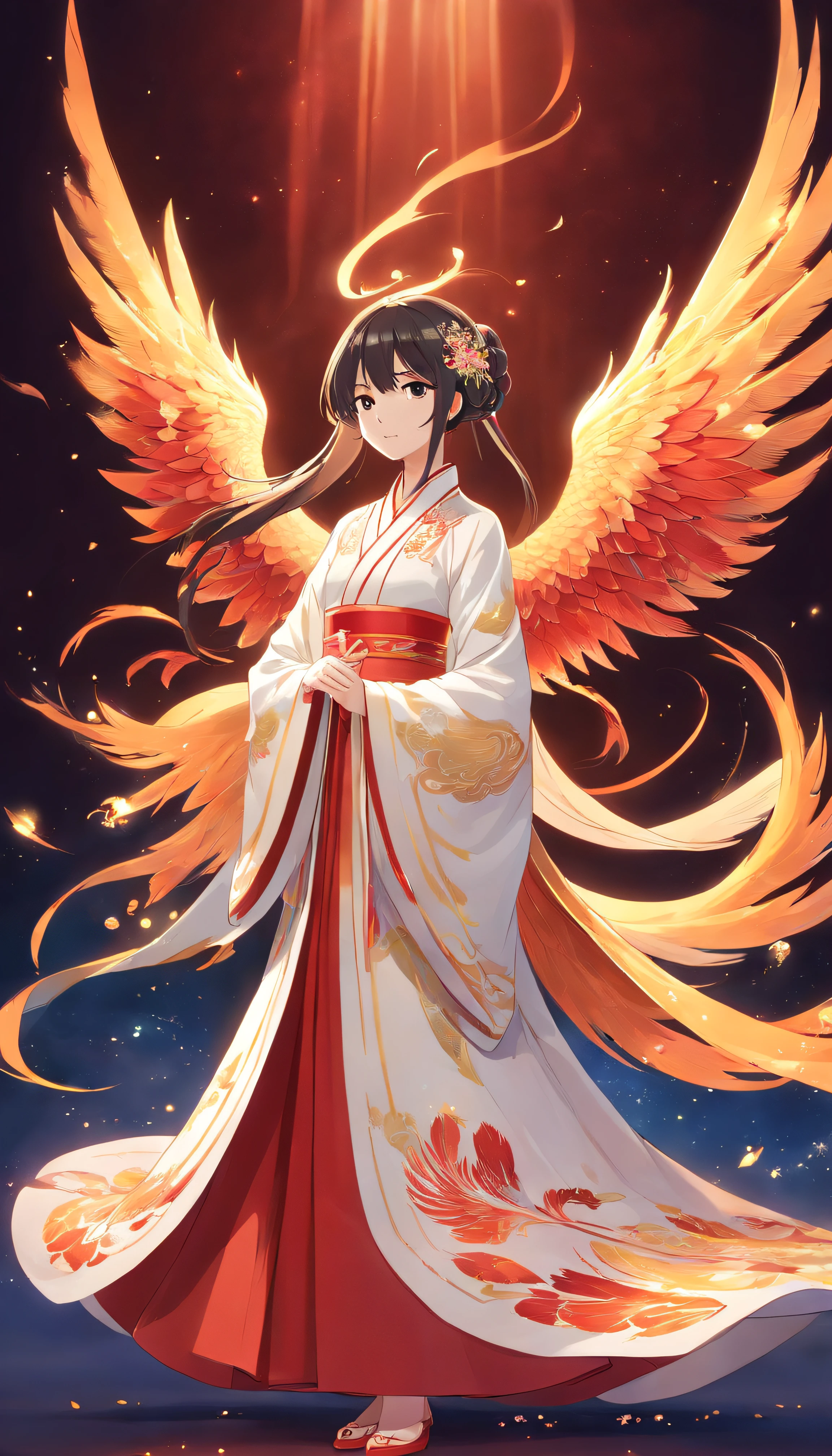 Stunning Chinese Hanfu Wedding Cloak，Crystal translucent phoenix embroidery. The phoenix shines like a diamond. Phoenix is resurrected，Dragging a 2-meter skirt. It used to be beautiful, noble, Red, magia, Octagonal rendering, Surreal, Pastel background