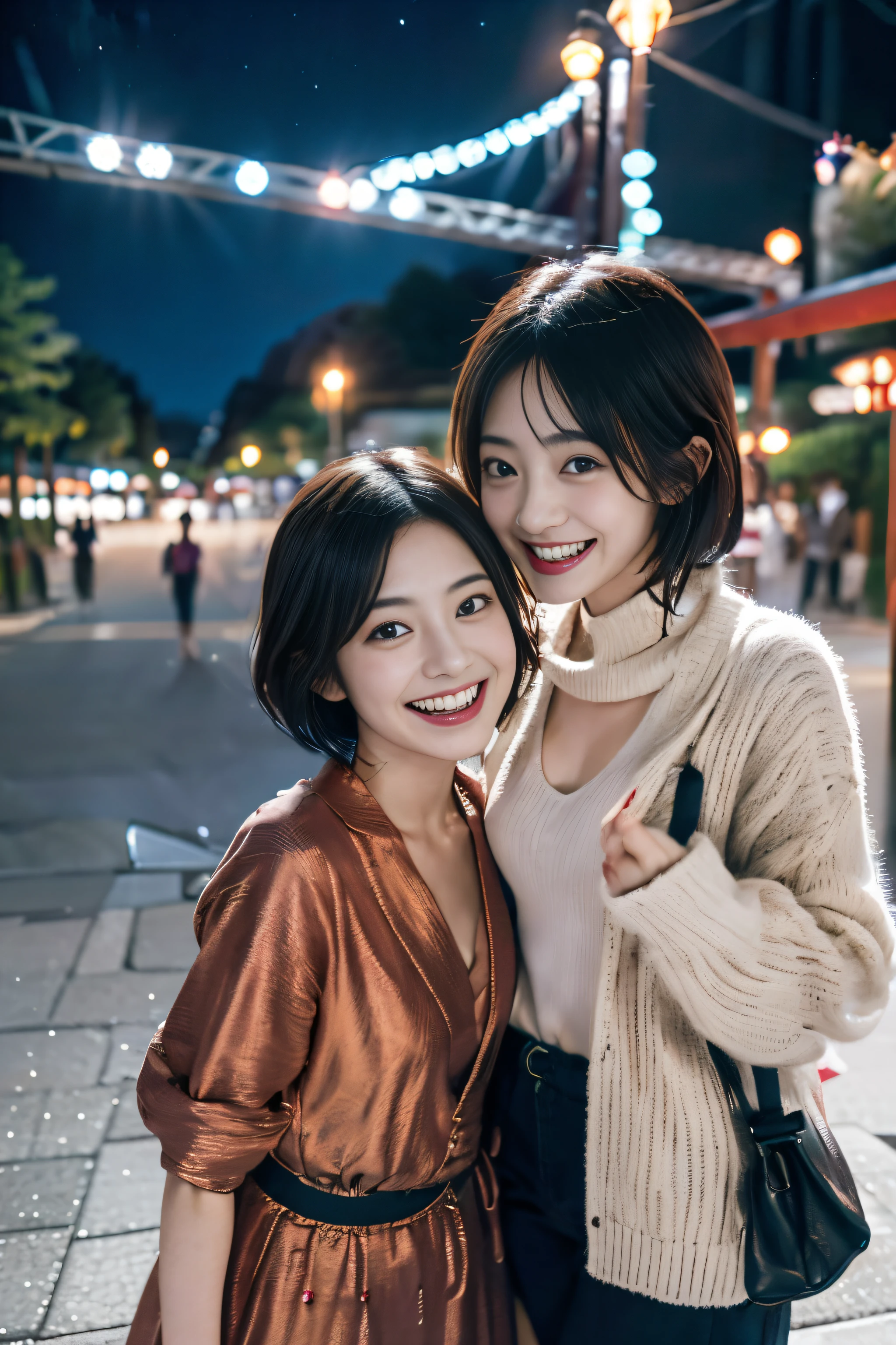 Two people having fun at a theme park at night、Aya Yamamoto and Jurina Matsui、Beautuful Women、short-haired、Beautiful Japan actress、(realisitic、photoRealstic:1.37)、Aya Yamamoto and Jurina Matsui