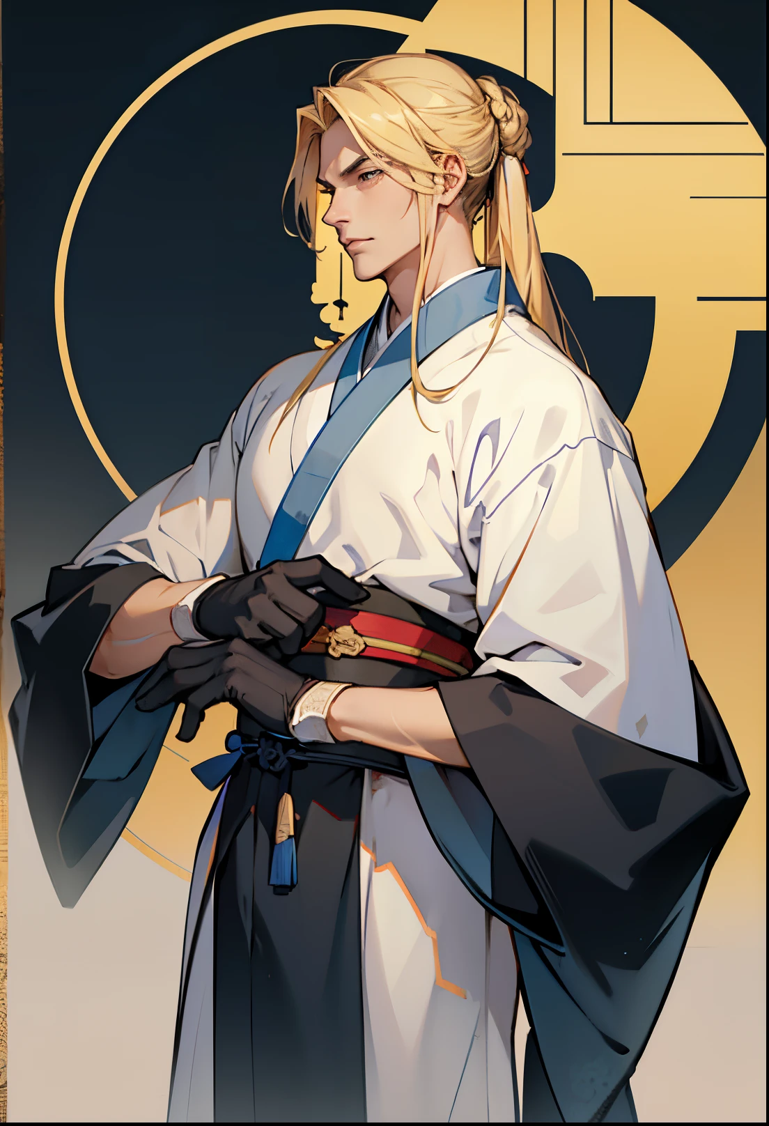 handsome young man, long blonde hair, serious expression, smart, black gloves,blue and white male hanfu, ancient china, flat background, chinese background, simple background, masterpiece,masterpiece,best quality