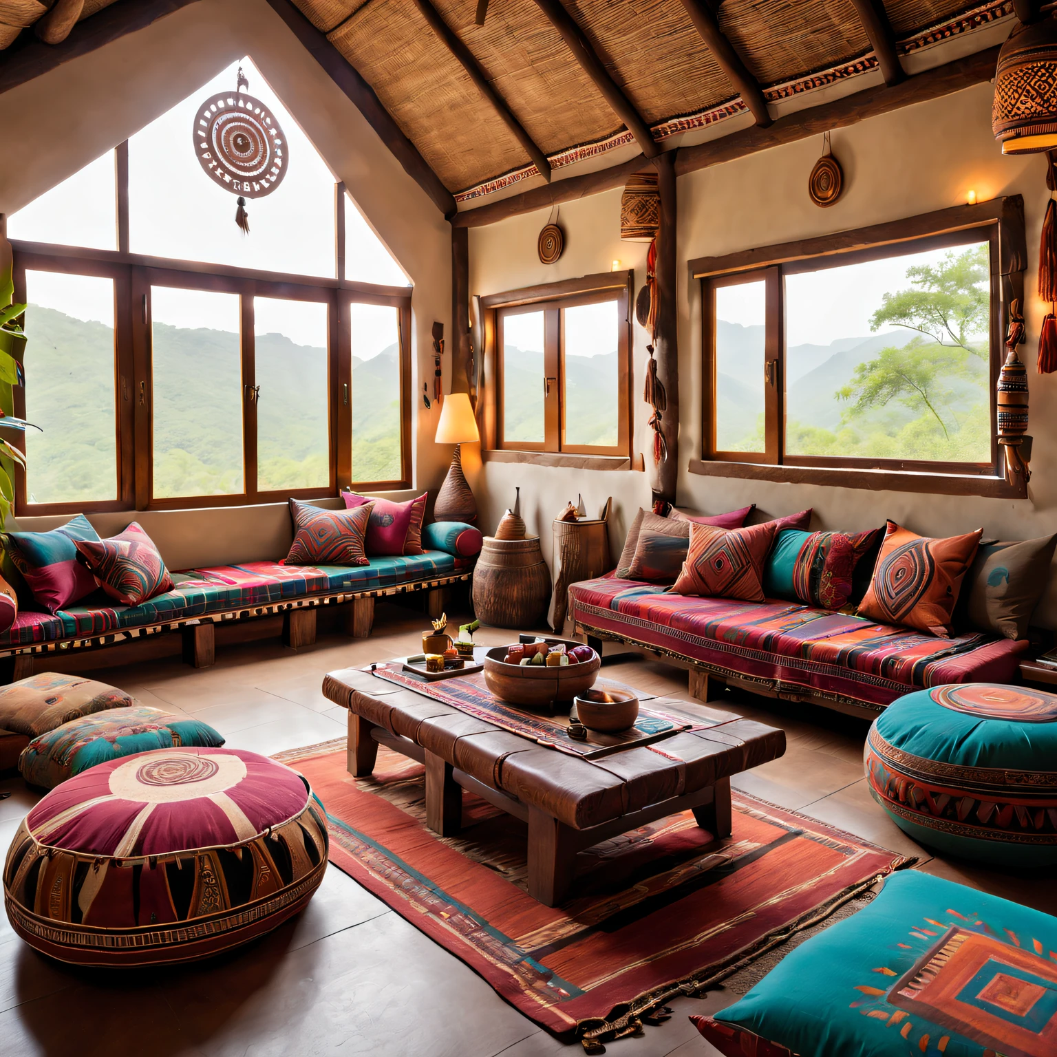 Spacious tribal style lounge, tribal ornaments, Comfortable seating area, Vibrant color scheme, Intricate patterns, natural materials, ethnic textiles, wood furnishings, gentle ambient lighting, tribal artifacts, comfortable cushions, Large windows overlooking nature, tribal music performance, inviting atmosphere