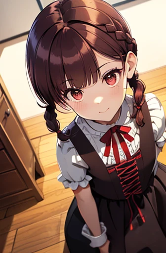 dark red hair, full body Esbian, fluffy hair, Layered Bob, Braided shorthair, ((Braiding bangs)), asymmetrical length pigtails, ((Single-sided pigtail)), a short bob, ((early modern clothing)), inside in room, sit on sofa, Slightly red tide, shyly smile, ((Perspective from above))