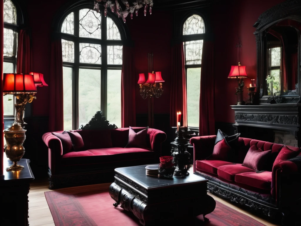 Interior, The walls are a deep, velvety black, creating a striking contrast with the high ceiling, which is a dark red, adorned with elaborate black moldings. The ceiling features a majestic, ornate black chandelier, casting a soft, ambient glow. The centerpiece is a luxurious, antique black velvet sofa with intricate red and black patterned cushions. Complementing it are high-backed armchairs in a matching style. A large, dark wood coffee table with Gothic carvings sits in the center. Dark hardwood floors, polished to a high shine, add depth to the room. Over it lies a large, plush area rug in a dark red hue with black Gothic motifs.Heavy, dark red velvet drapes with black tassels and trim frame the windows, enhancing the Gothic atmosphere. The walls are adorned with framed Gothic art and mirrors with elaborate black frames. On the mantelpiece, black and red candles in ornate holders provide an eerie glow. A grand, dark wood bookcase filled with antique books adds an intellectual charm. Apart from the chandelier, strategically placed wall sconces with black metalwork cast a warm, moody light. Table lamps with red shades on side tables provide additional lighting. Decorative accents include a mix of red and black throw pillows, a few well-chosen statues or figurines with a Gothic flair, and perhaps a vintage gramophone or a large, ornate clock.