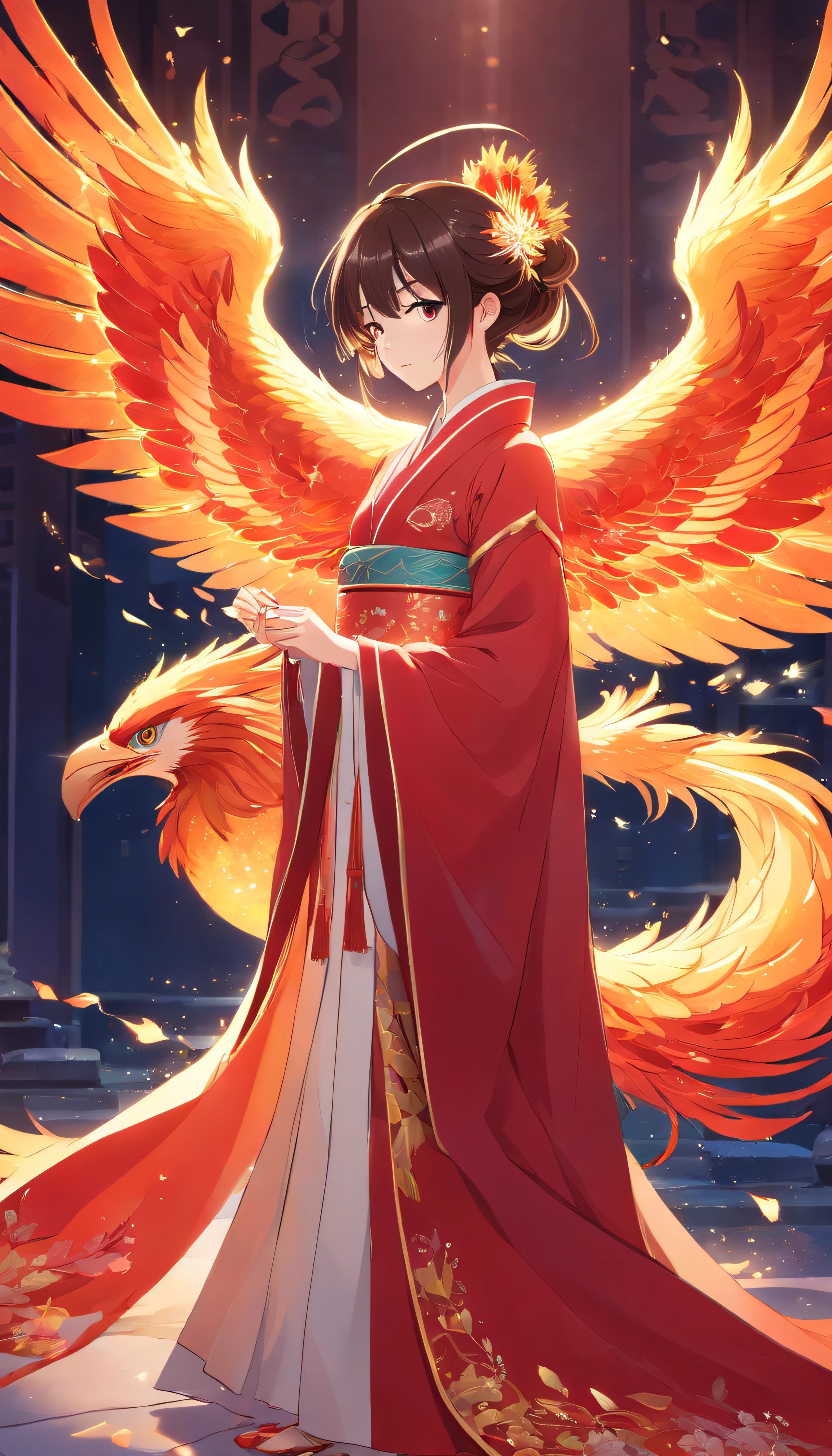Stunning Chinese Hanfu Wedding Cloak，Crystal translucent phoenix embroidery. The phoenix shines like a diamond. Phoenix is resurrected，Dragging a 2-meter skirt. It used to be beautiful, noble, Red, magia, Octagonal rendering, Surreal, Pastel background