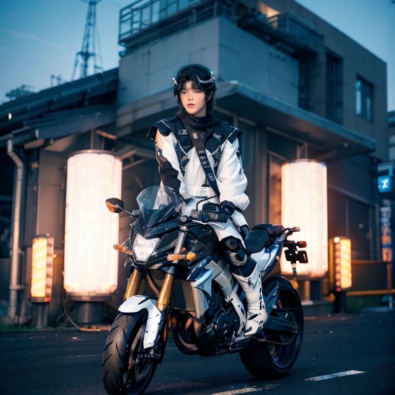 Highest image quality, outstanding details, ultra-high resolution, (fidelity: 1.4), the best illustration, favor details, highly condensed 1male, with a delicate and beautiful face, dressed in black and white mecha, wearing a mecha helmet, holding a direction controller, riding on a motorcycle, the background is a high-tech lighting scene of the future city.