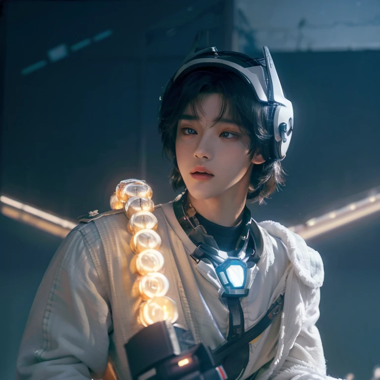 Highest image quality, outstanding details, ultra-high resolution, (fidelity: 1.4), the best illustration, favor details, highly condensed 1male, with a delicate and beautiful face, dressed in black and white mecha, wearing a mecha helmet, holding a direction controller, riding on a motorcycle, the background is a high-tech lighting scene of the future city.