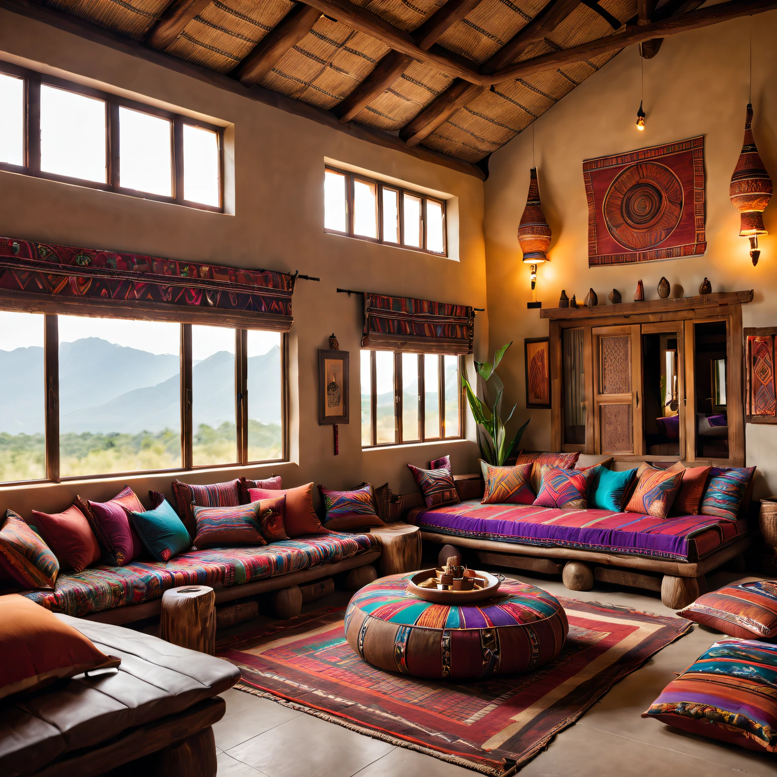 Spacious tribal style lounge, tribal ornaments, Comfortable seating area, Vibrant color scheme, Intricate patterns, natural materials, ethnic textiles, wood furnishings, gentle ambient lighting, tribal artifacts, comfortable cushions, Large windows overlooking nature, tribal music performance, inviting atmosphere