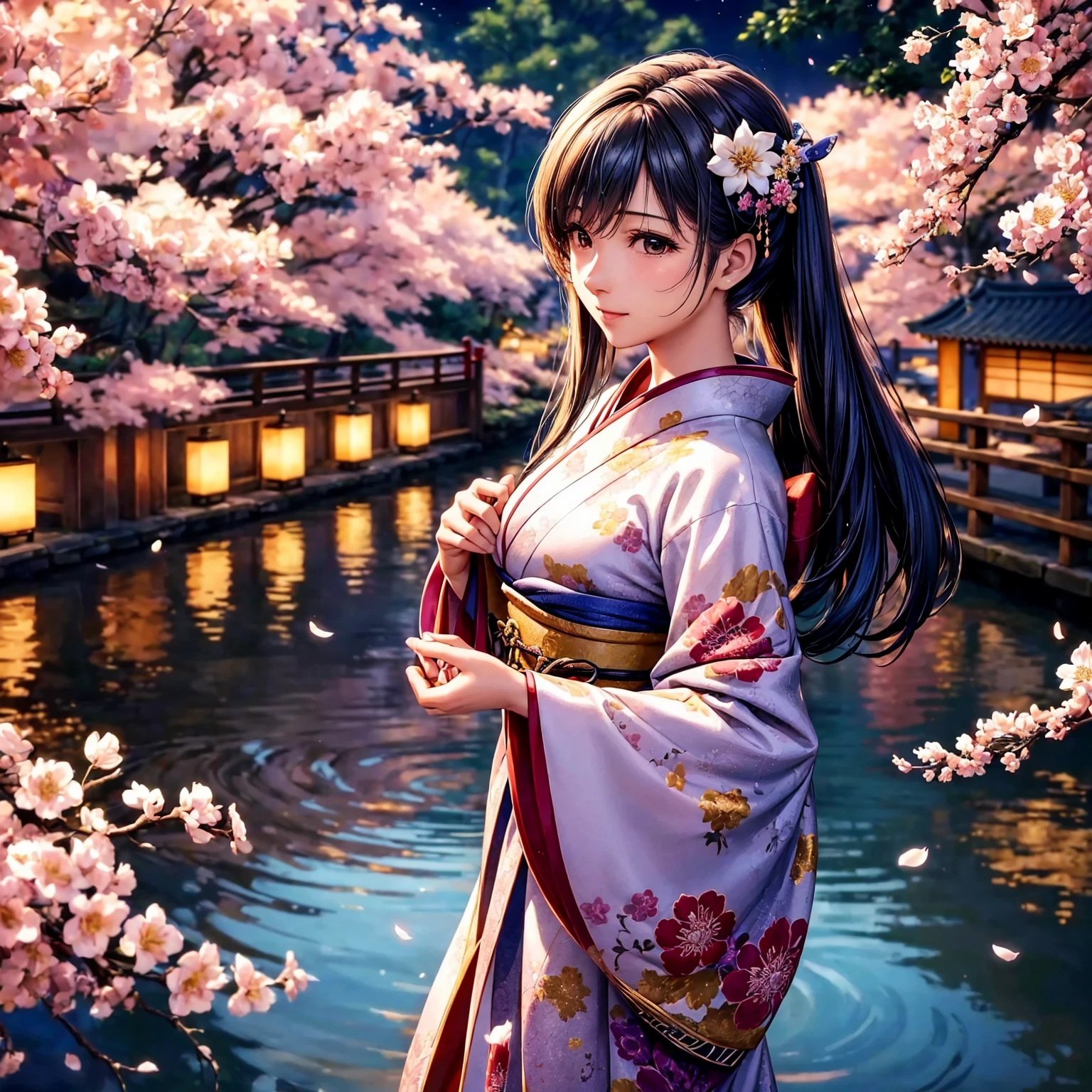 (top-quality、masterpiece、very high res、Ultra high resolution/high image quality detail 1.5)、One woman with perfect and ultimate beauty(18 years old 1.5)、Realistic portraits、Beautiful breasts with a slender body shape(F Cup 1.5)、Beautiful body、美丽的面容、Beautiful hair、Realistic textured skin and、Wearing a beautiful Japanese kimono、Kimono comes with colors and patterns、Bright smile、Hair flutters under the influence of the wind、Japanese garden with beautiful cherry blossoms at night、Mysterious night sky、Beautiful Landscapes、(accurate detail、the detailed images、Accurate images、Perfect Image 1.5)、、beautiful anime woman, Beautiful Art Style, an animated character、The whole picture、Detailed picture、accurate anatomy、Defect-free images、natural soft light、beautiful image、extremely detailed picture、(Best Shot 1.2)