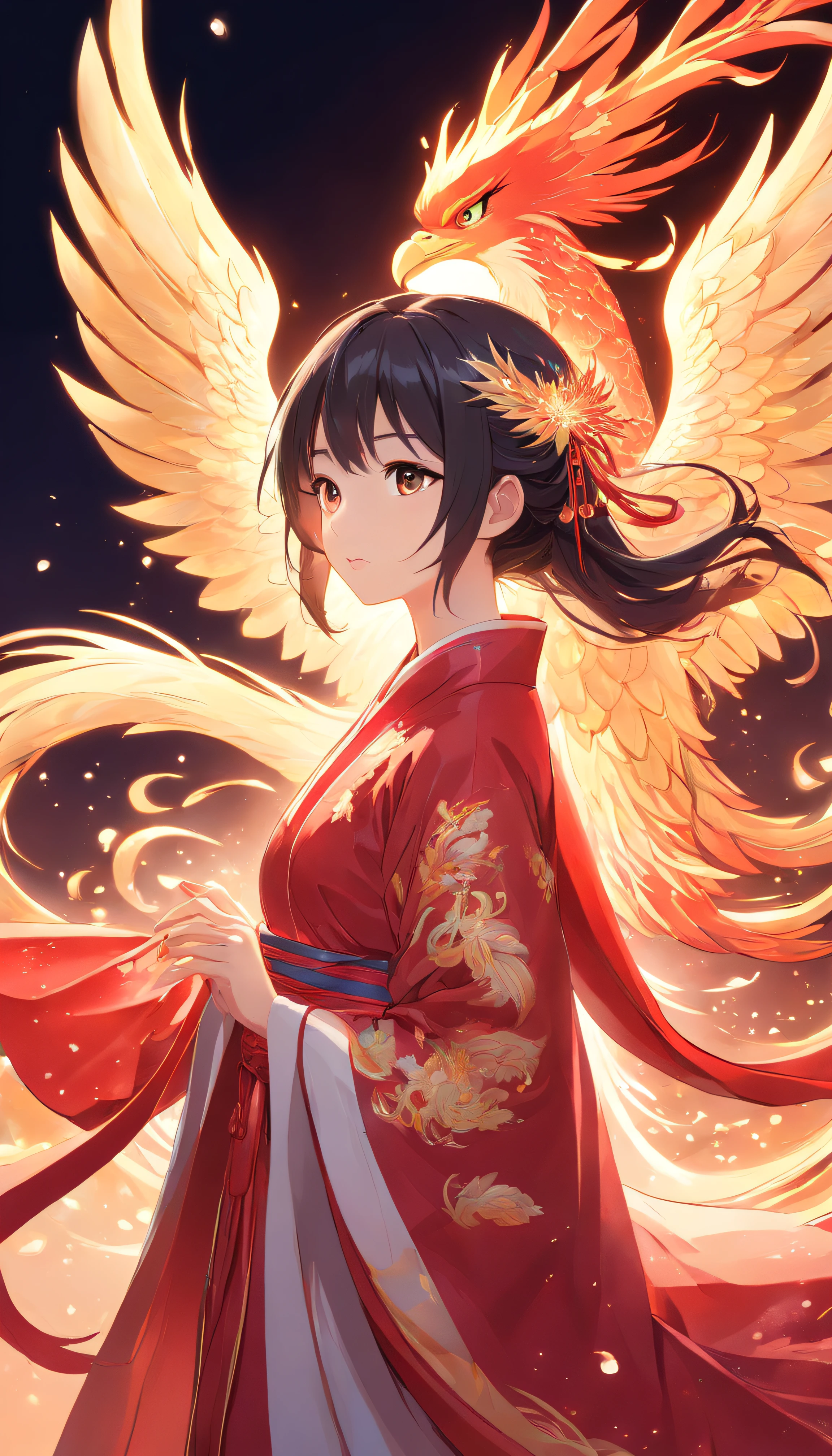 Stunning Chinese Hanfu Wedding Cloak,Crystal translucent phoenix embroidery. The phoenix shines like a diamond. Phoenix is resurrected,Dragging a 2-meter skirt. It used to be beautiful, noble, Red, magia, Octagonal rendering, Surreal, Pastel background