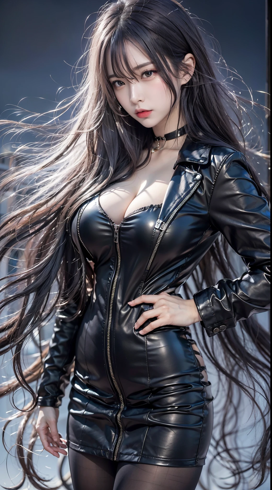 1 beautiful young girl, Super beautiful detailed face、 Symmetrical black eyes), hime cut hair, (Fine face:1.2), High quality, Realistic, Highly detailed CG unified 8K dendenden wallpaper, Highly detailed, High-definition raw color photos, Professional Photography, Realistic portrait, Cinematic Light, Beautiful detailed, Super Detail, high details, depth of fields, semi long hair、(thighs thighs thighs thighs、beauty legs)、Bare legs、 Super beautiful detailed face, (KPOP Idol Face),(Best Quality, 4K, 8K, hight resolution, masutepiece:1.2), Ultra-detailed, (Realistic, Photorealistic, Photorealsitic:1.37), (Beautiful detailed eyes, Beautiful detailed lips, extremely detailed eye and face), (Big Tits, ultra gigantic tits, Glamorous body), ((Black leather clothing、Black leather long coat)),(Long black straight hair, Shiny hair, Shiny skin), (Holding a weapon in your hands)、((Sharp eyes))、(midnight cyberpunk city)、(pointing weapon at the viewer)、(Midnight City)、Midnight City、leather thimble gloves、Dark、(Holding a sword)、(Assassin's Clothing)