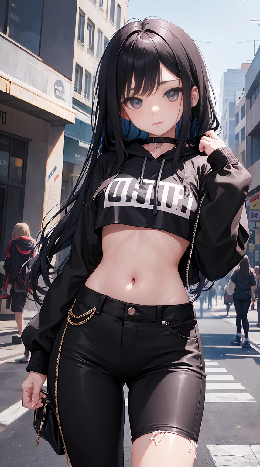 ars old girl, 1girl in, Young Girl, Anime style, skinny body, Anime young girl wearing crop top black hoodie, Skinny Jeans Pants,Black long hair, White eyes, Posed photos of her cute poses, Straight down the street of the tower, Anime Art Wallpapers, Detailed, 8K, High quality,very big tits、Beautiful、