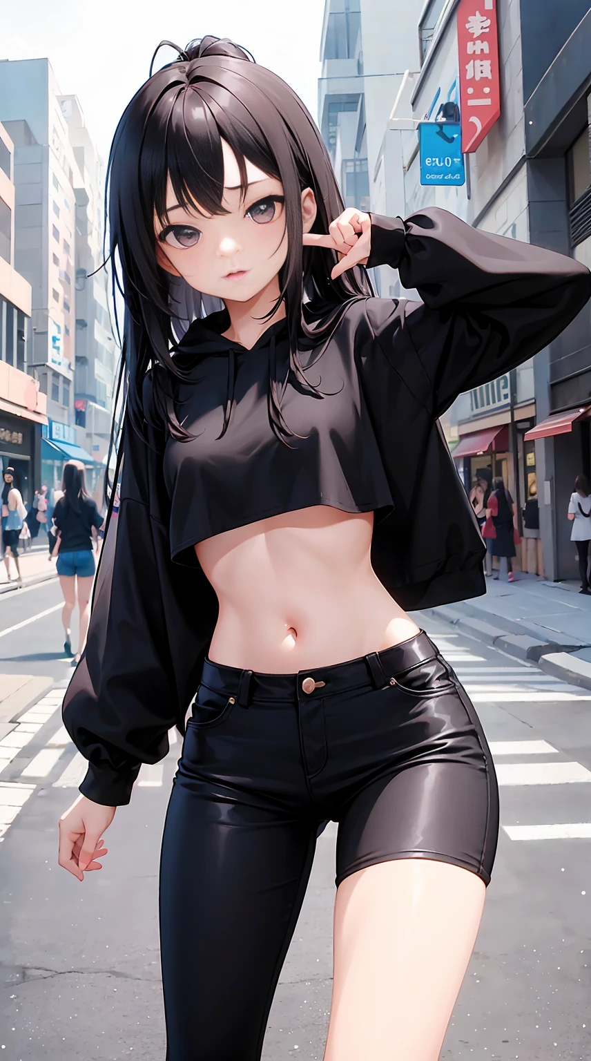 10years old girl, 1girl in, Young Girl, Anime style, skinny body, Anime young girl wearing crop top black hoodie, Skinny Jeans Pants,Black long hair, White eyes, Posed photos of her cute poses, Straight down the street of the tower, Anime Art Wallpapers, Detailed, 8K, High quality,very big tits、Beautiful、